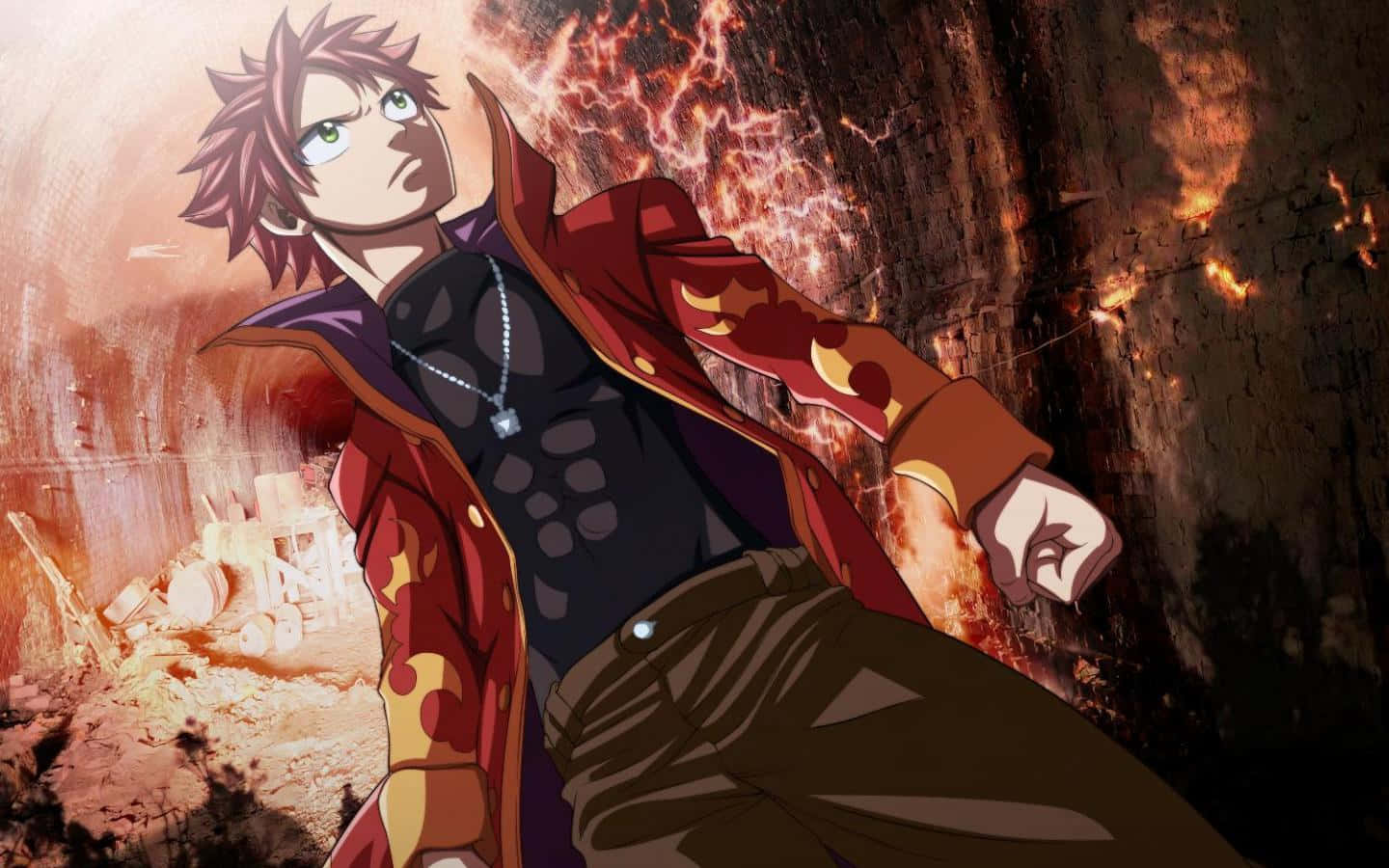 Natsu Dragneel Unleashing Flames In Battle Background