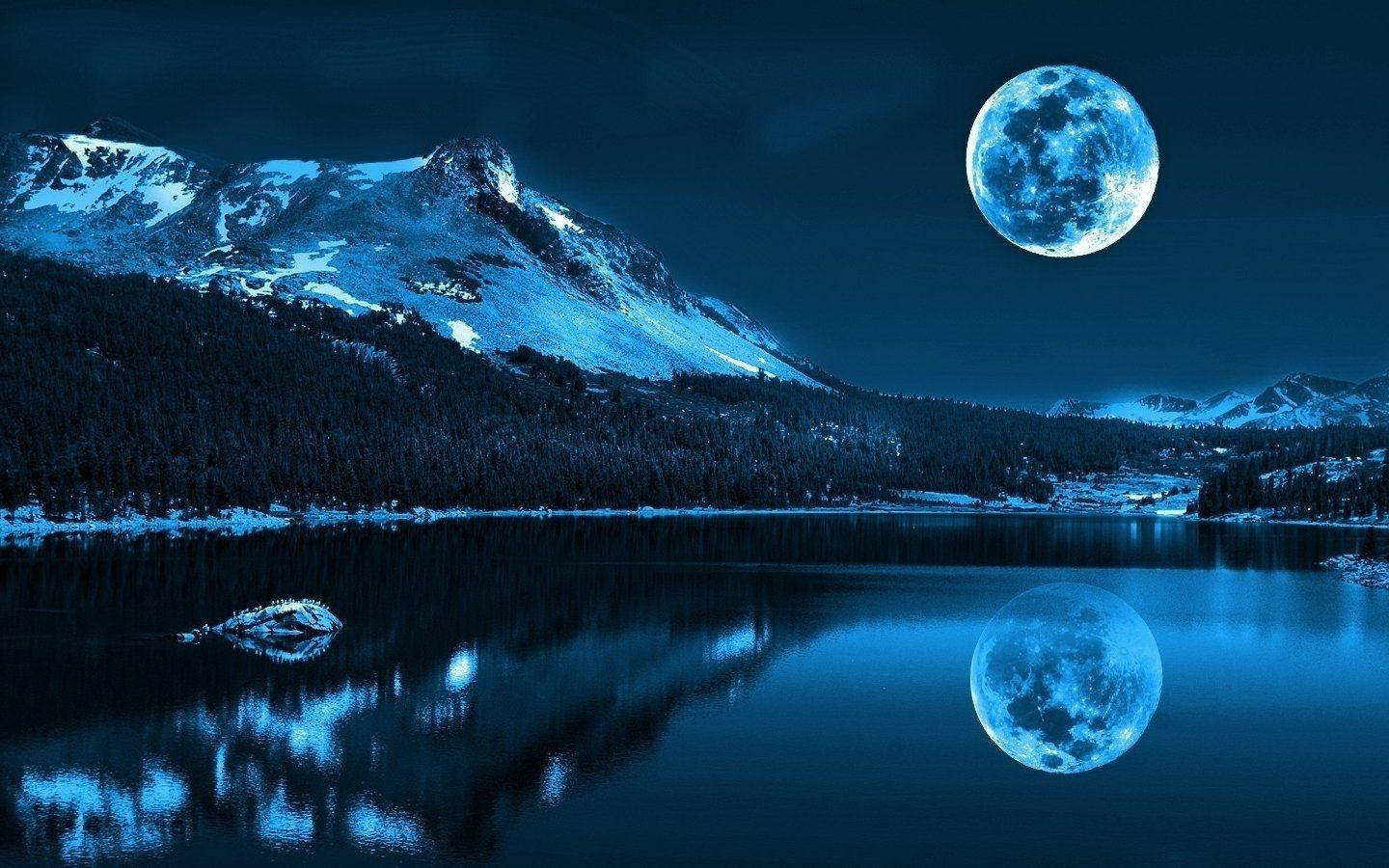 Natural Blue Aesthetic Lake With Full Moon Background