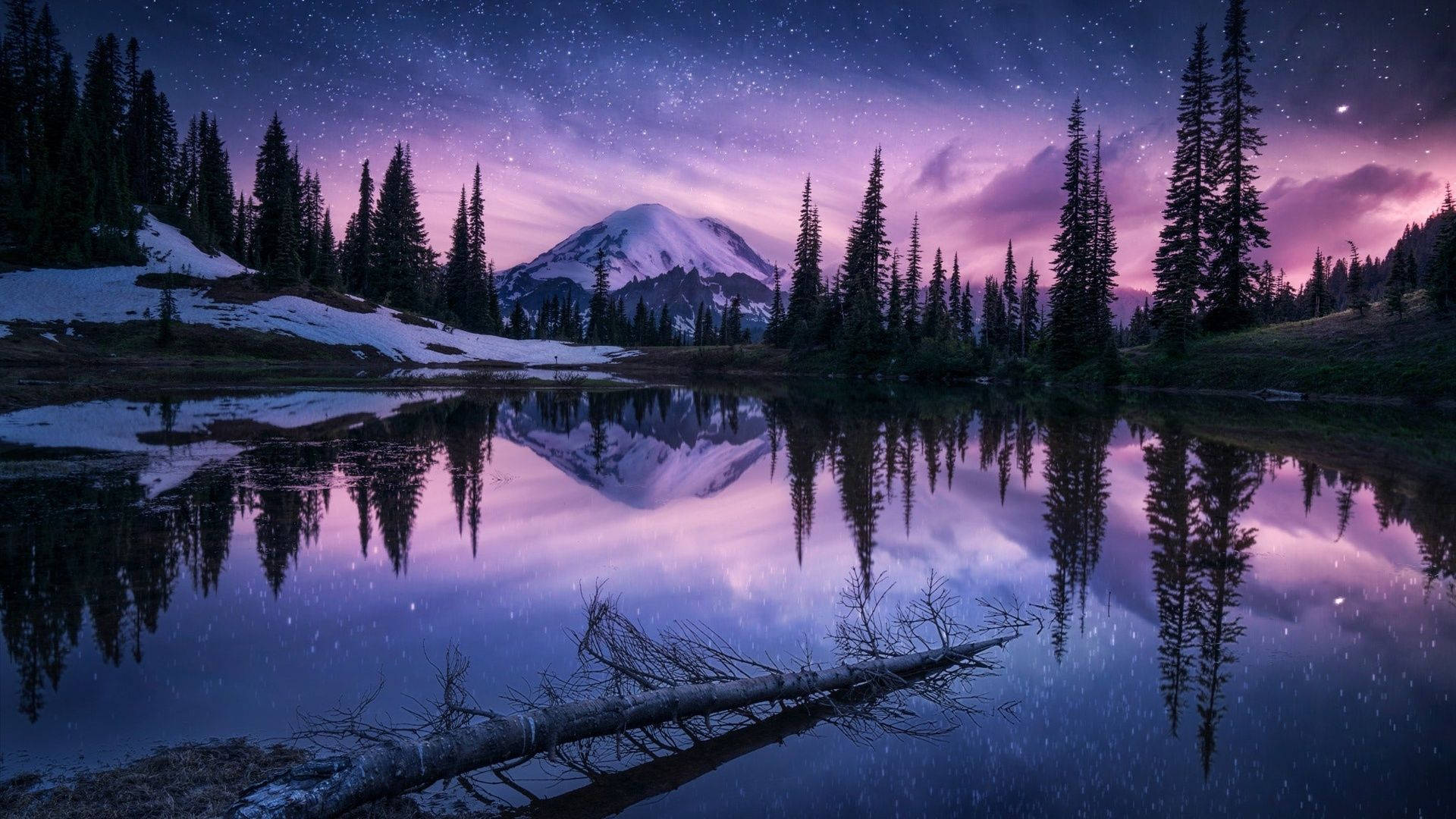 Natural Purple Aesthetic Lake In Forest At Night Background
