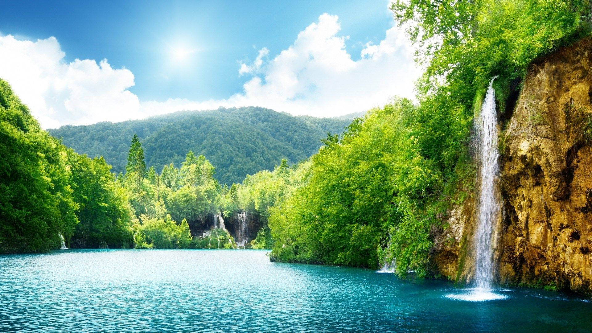 Nature Computer Waterfall Near Mountains Background