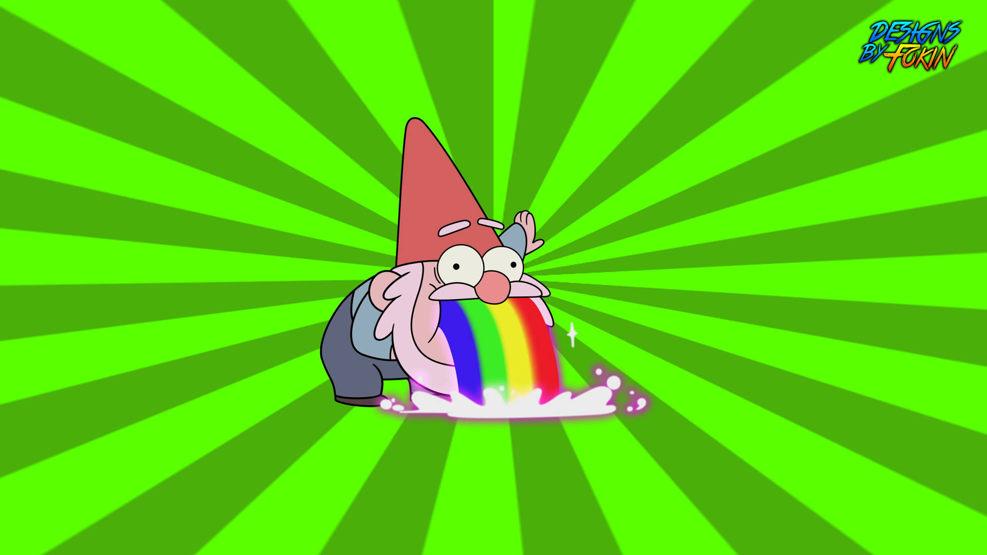 Nauseous Gnome With Rainbow Vomit Background