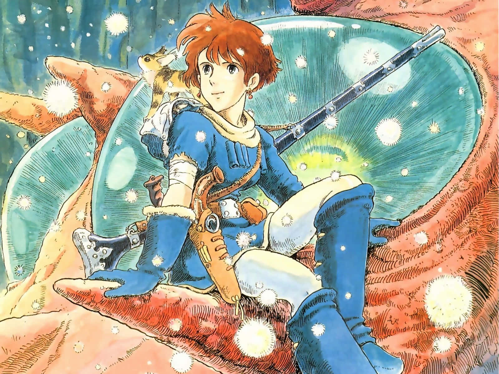 Nausicaä Soaring Through The Sky In Her Glider With The Valley Of The Wind In The Background Background