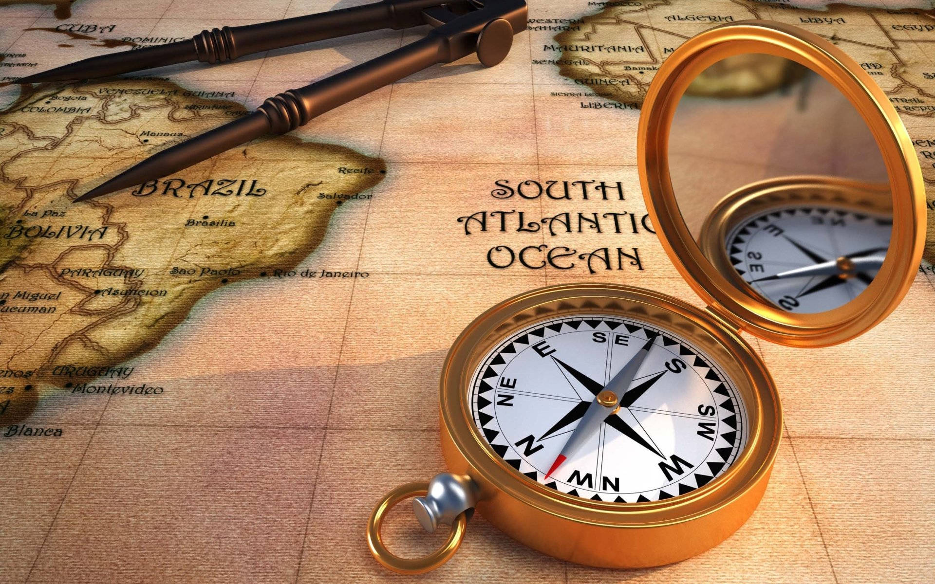 Nautical Compass On A Vintage Map Background