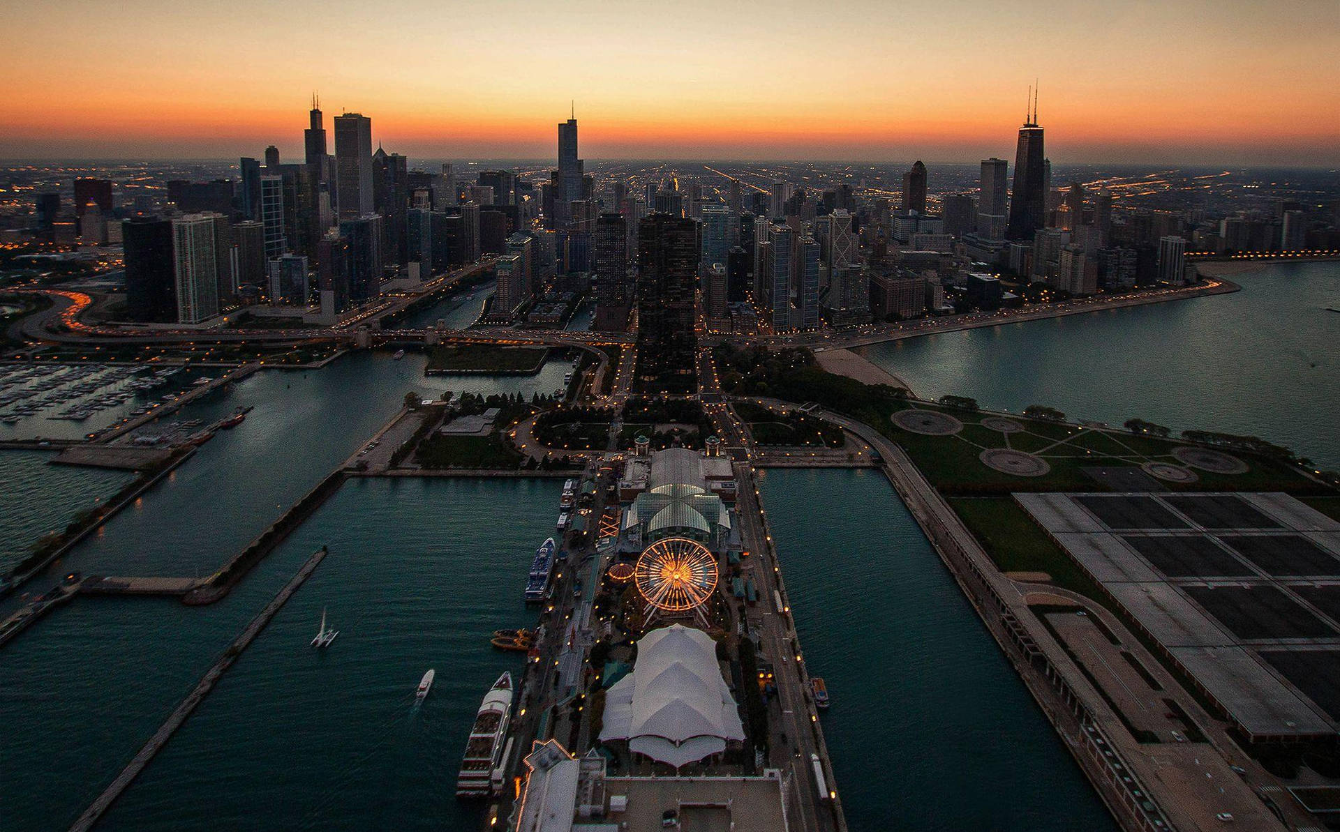 Navy Pier Aerial View Sunset