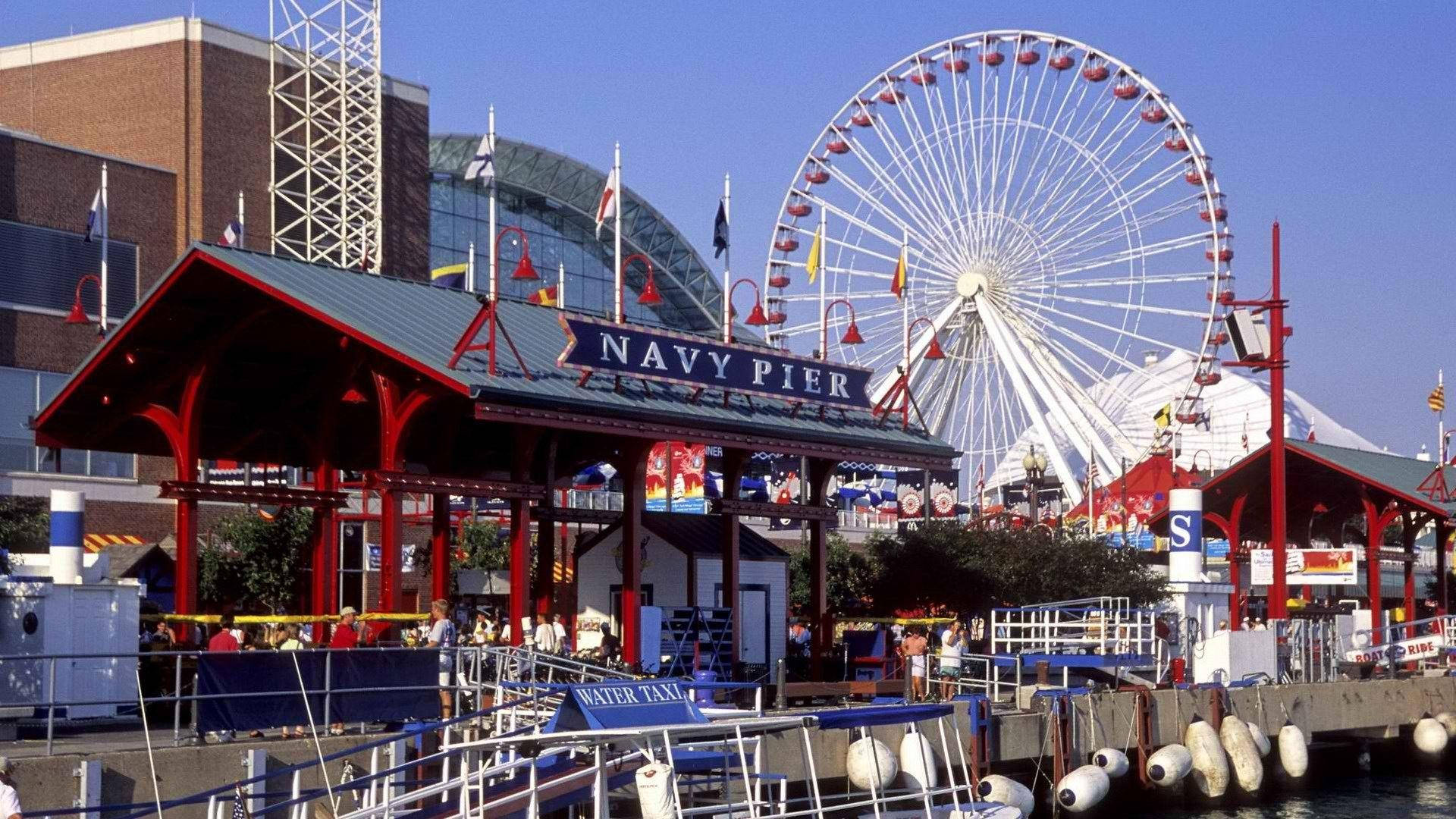 Navy Pier Attractions Blue Sky Background