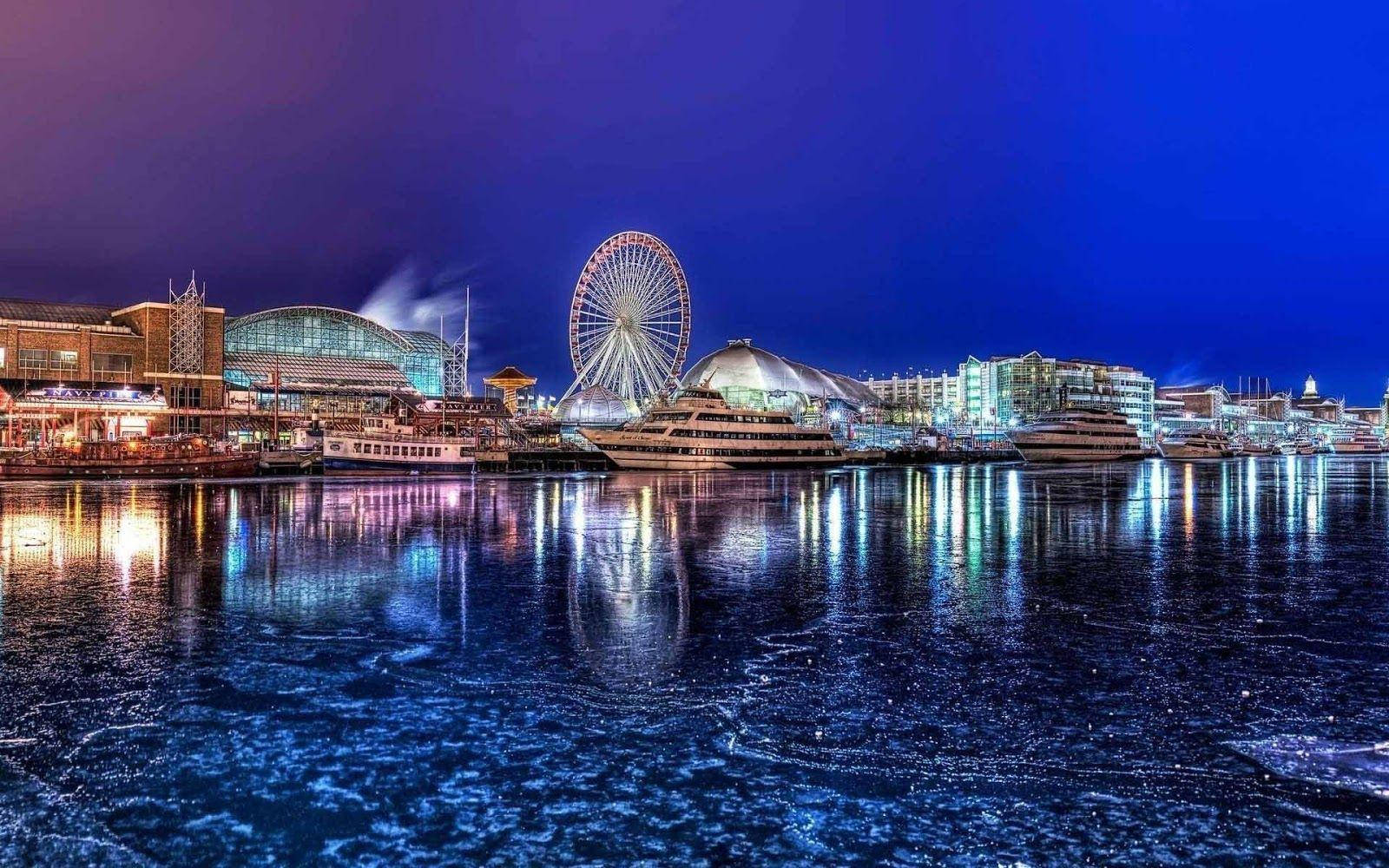 Navy Pier Blue Aesthetic Night Background