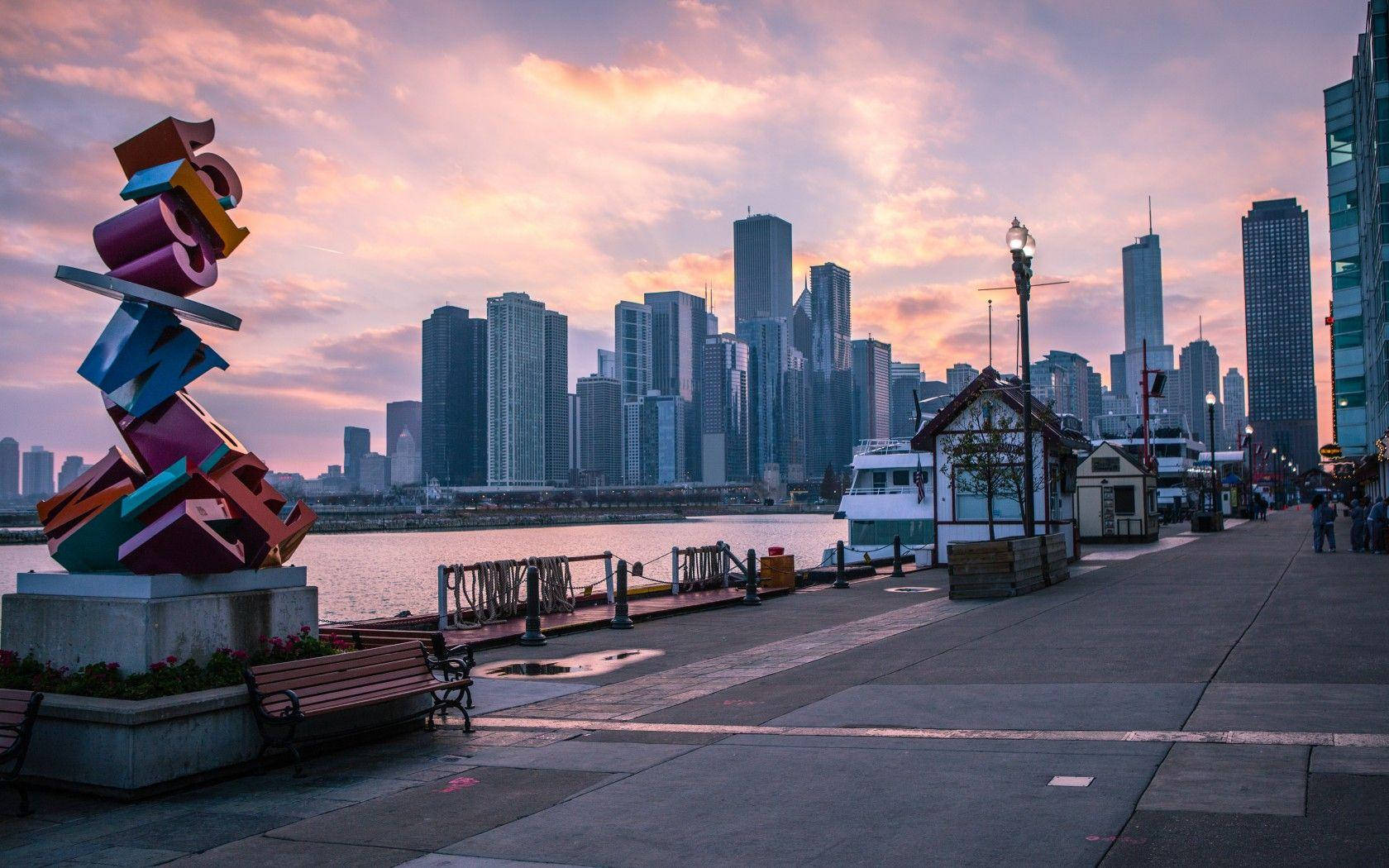 Navy Pier Chicago Pink Sky Background