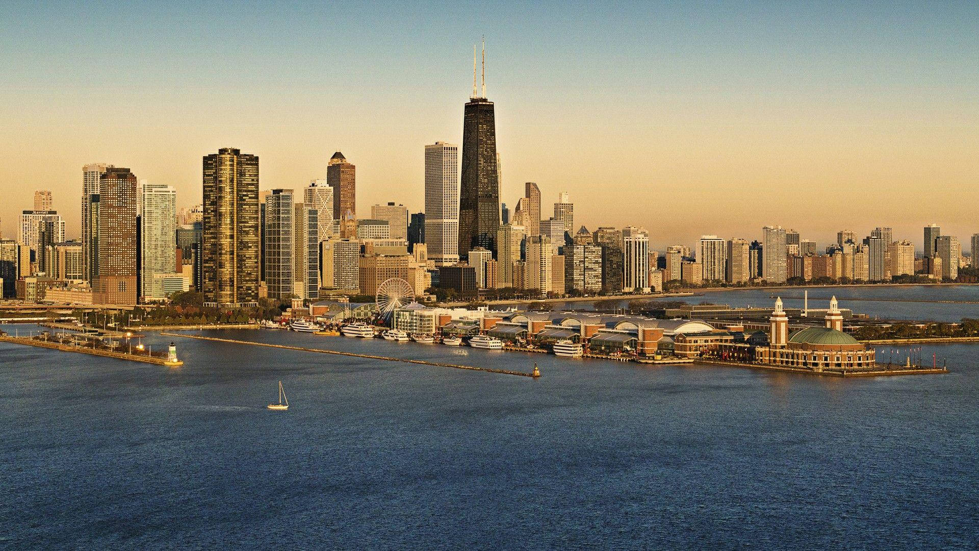 Navy Pier Chicago Skyline During Sunset Background