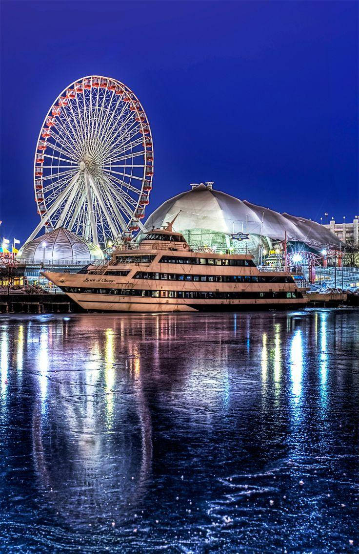 Navy Pier Docked Yacht Night Background