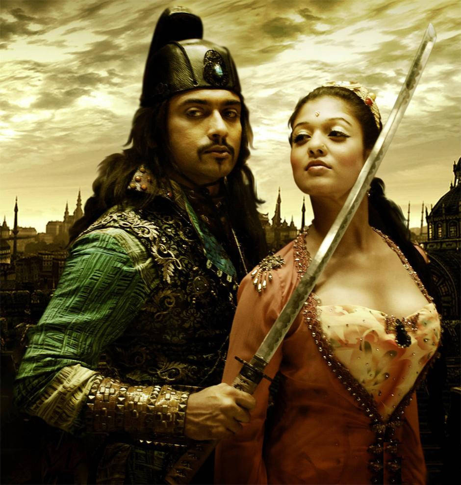 Nayanthara In Traditional Costume With Co-star Suriya From Aadhavan Background