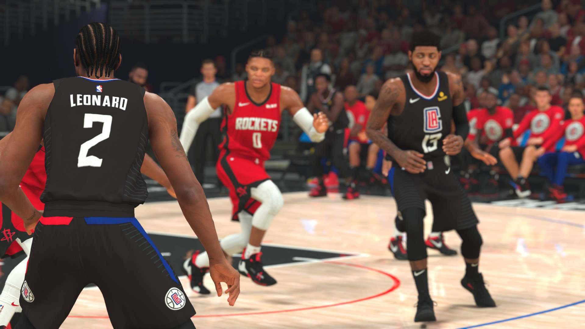 Nba 2k20 Game Action: Skillful Virtual Basketball Players Competing Background