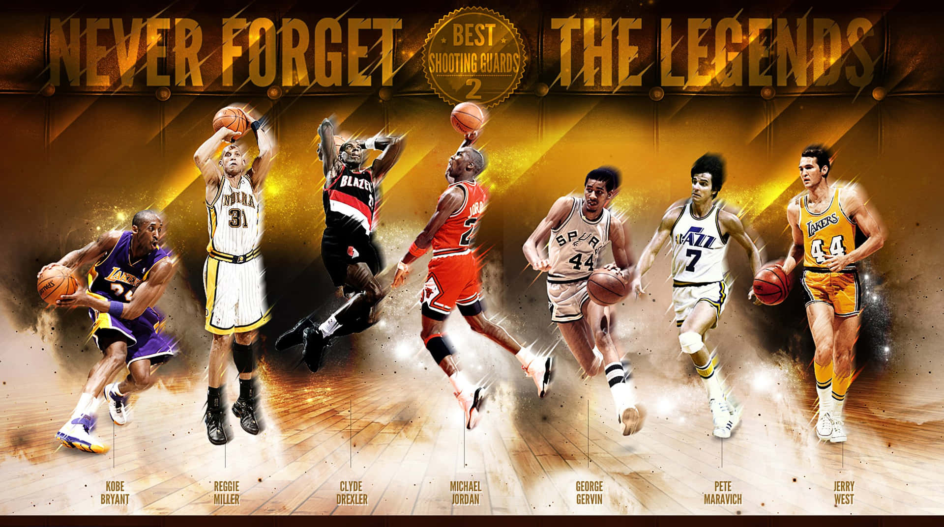 Nba Players In A Poster With The Words Never Forget The Legends Background