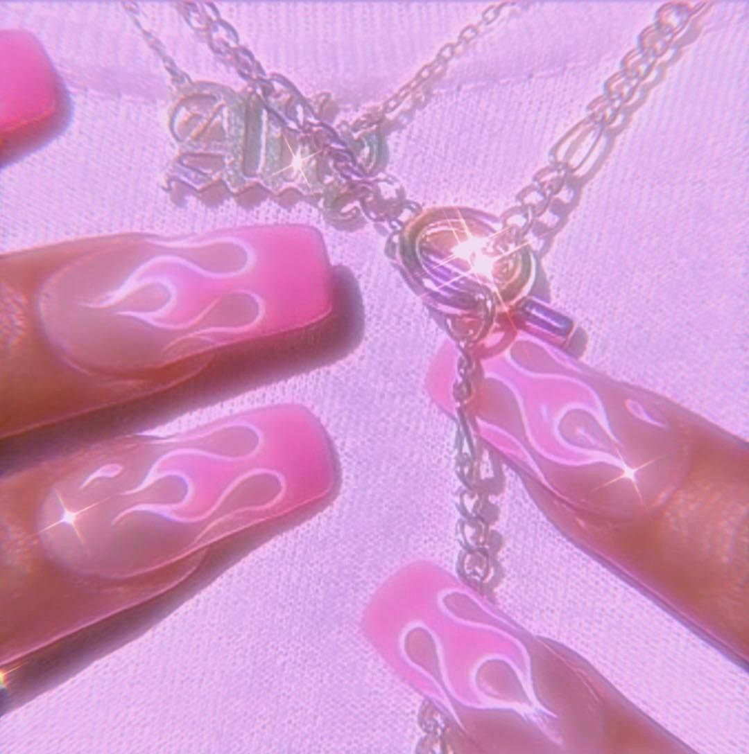 Necklace And Pink Baddie Flame Nails