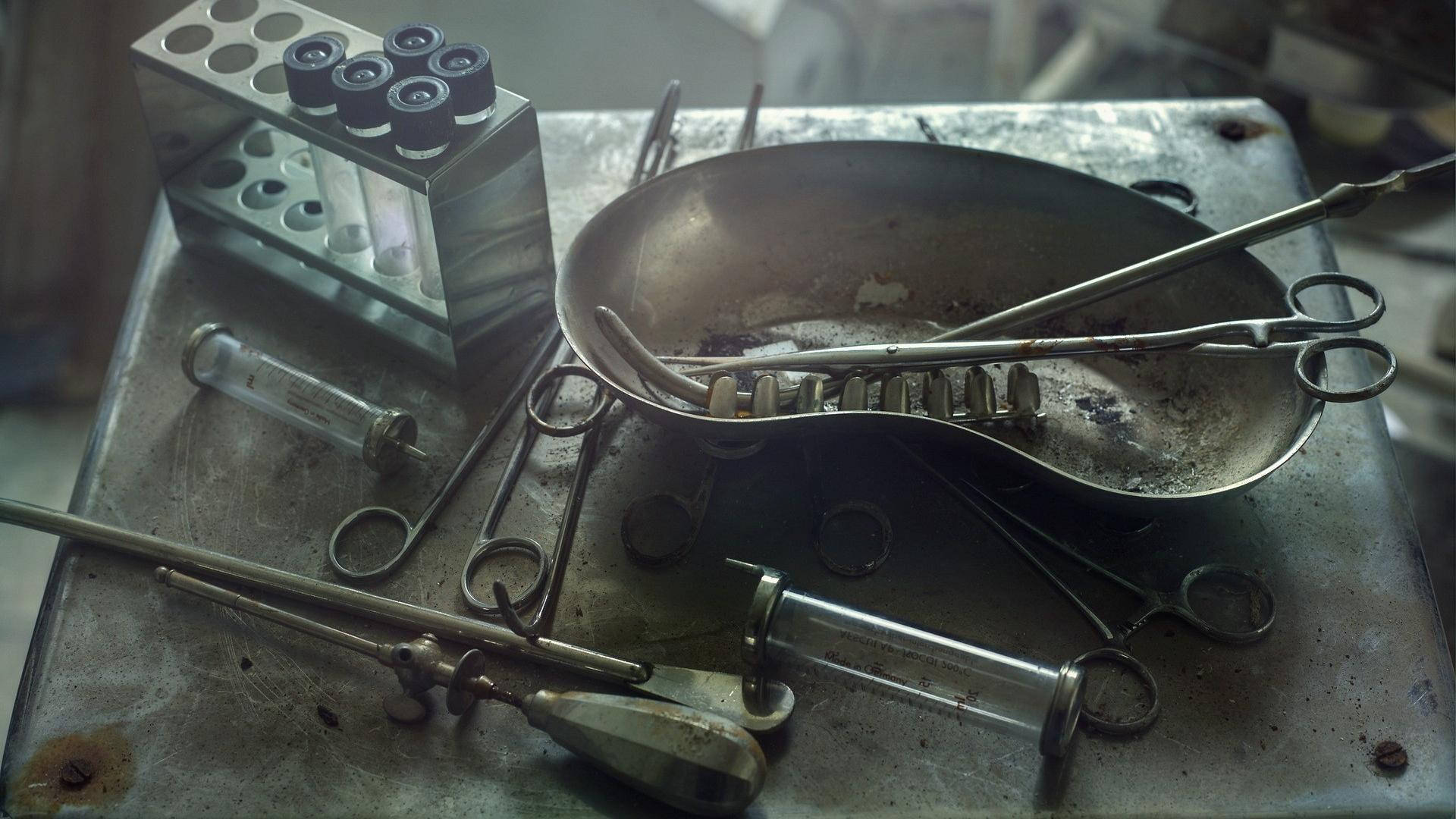 Neglected Medical Equipment On A Table Background