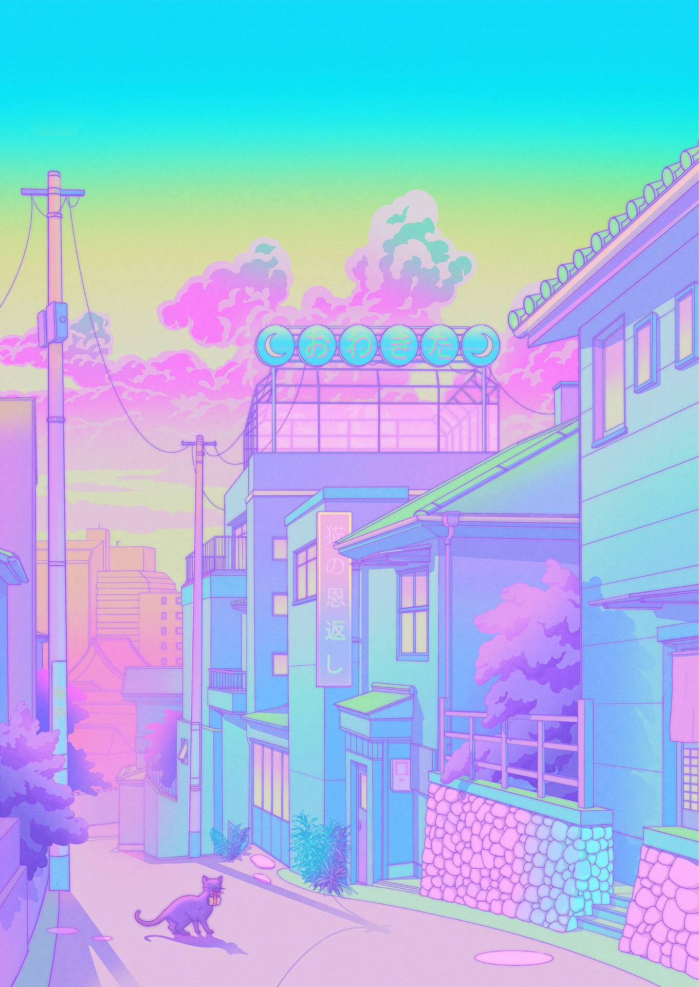 Neighborhood Cat In A Pastel Japanese Aesthetic Background