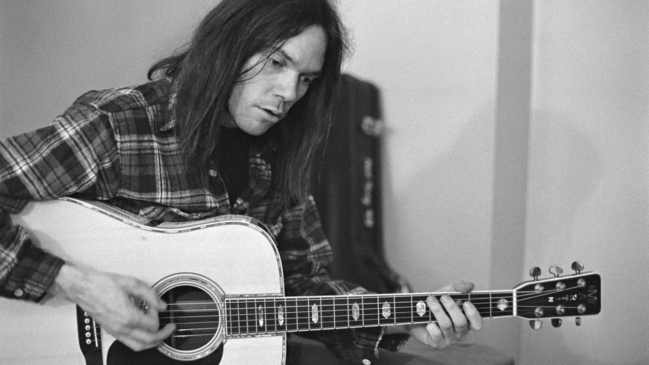 Neil Young Acoustic Guitar Black And White Background