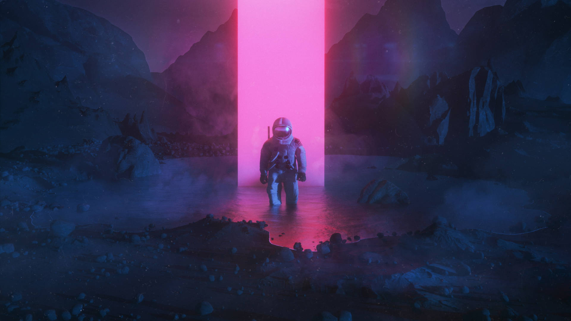 Neon Aesthetic Astronaut On Lake Background