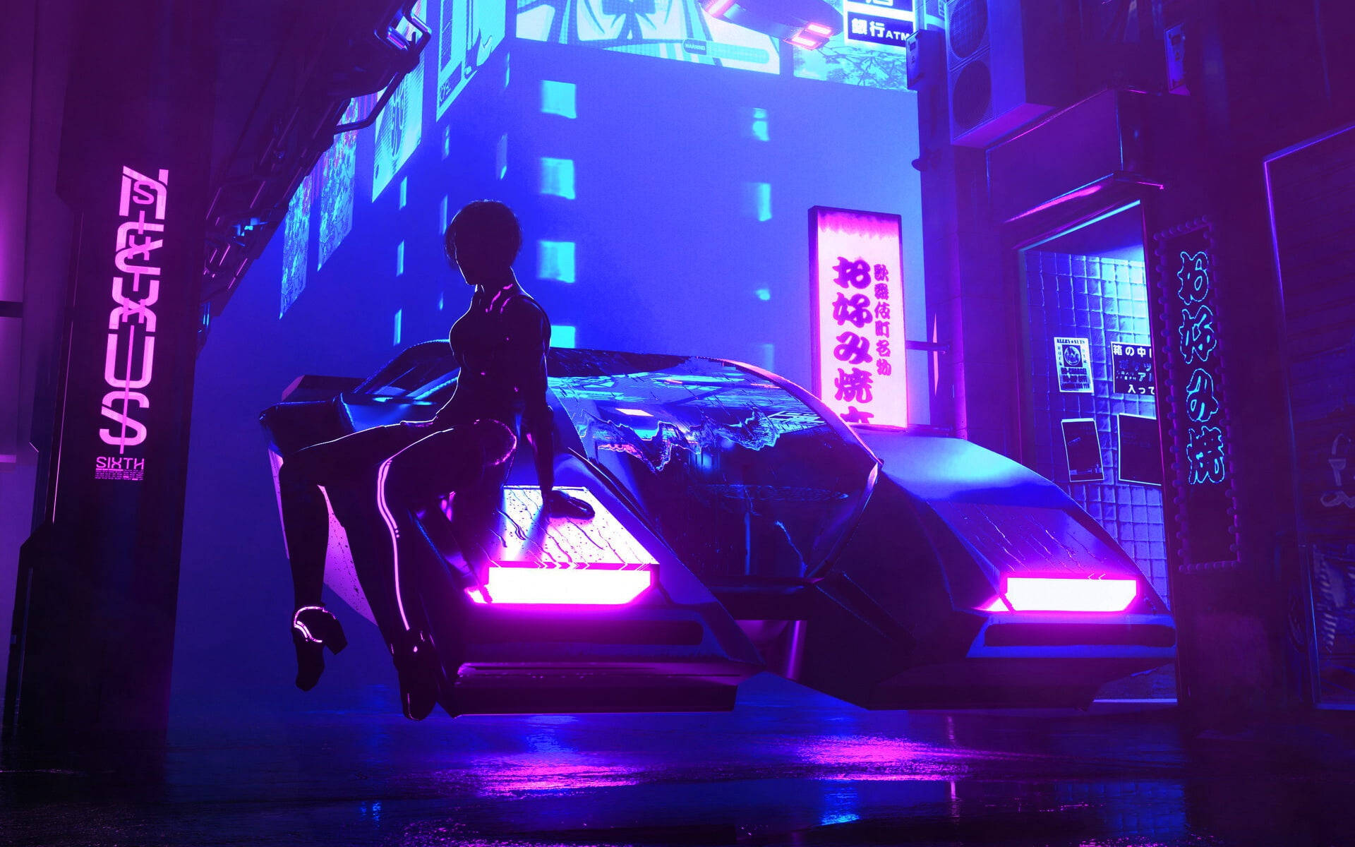 Neon Aesthetic Girl On Car Background