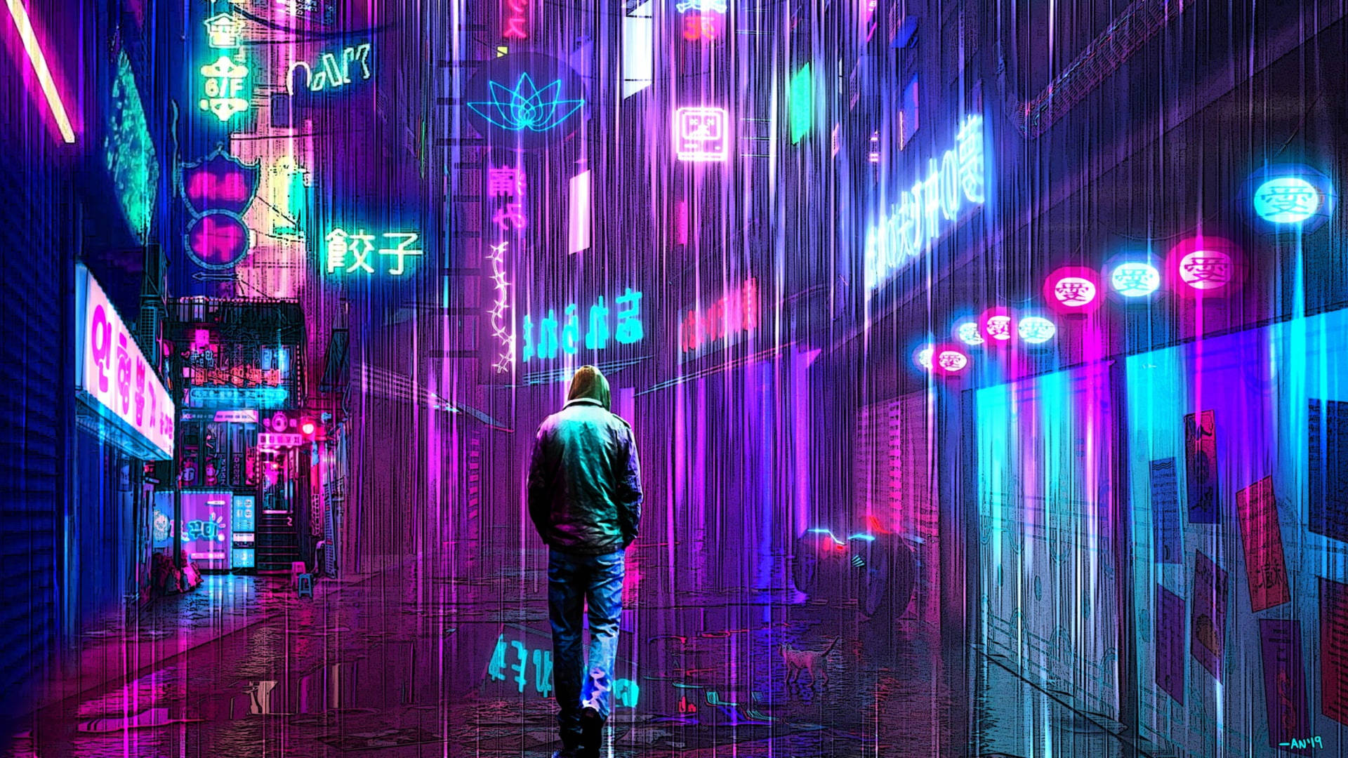 Neon Aesthetic Man In City Background