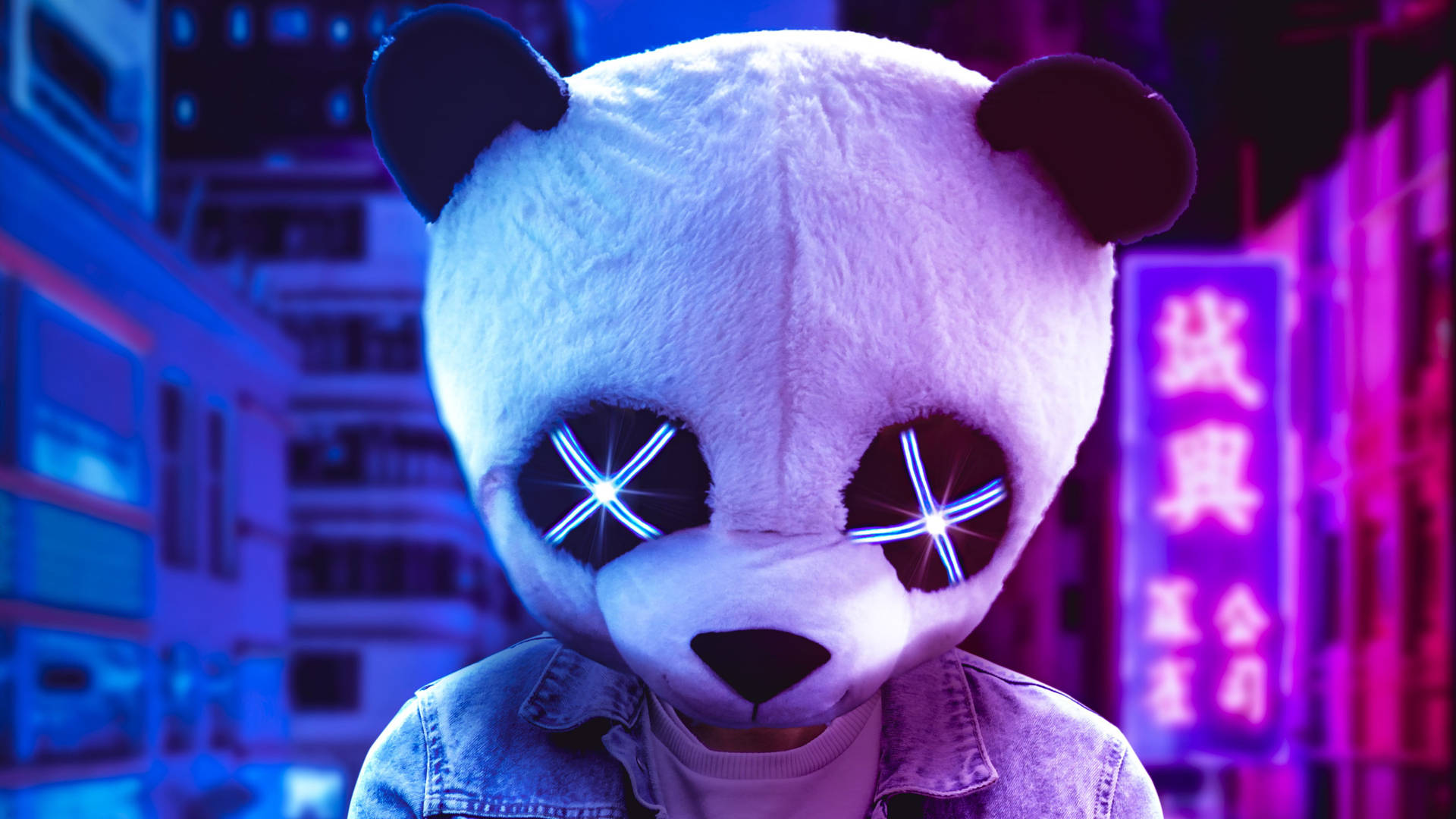 Neon Aesthetic Man With Panda Mask Background