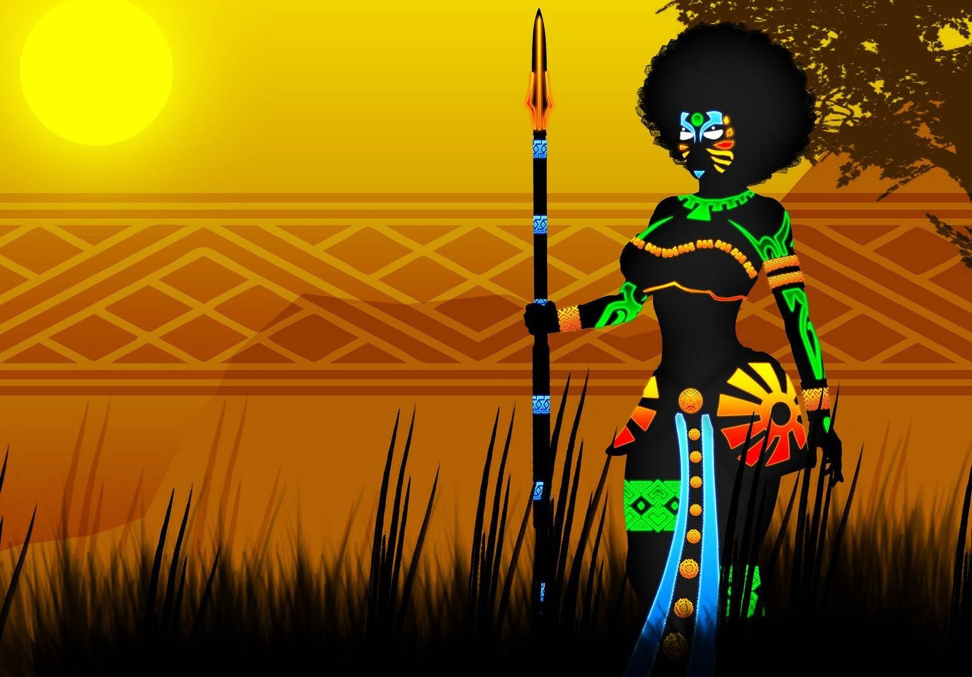 Neon African Female Warrior Art