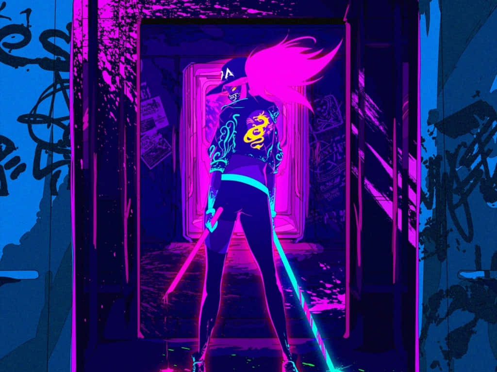 Neon Anime Girl Character Akali Background