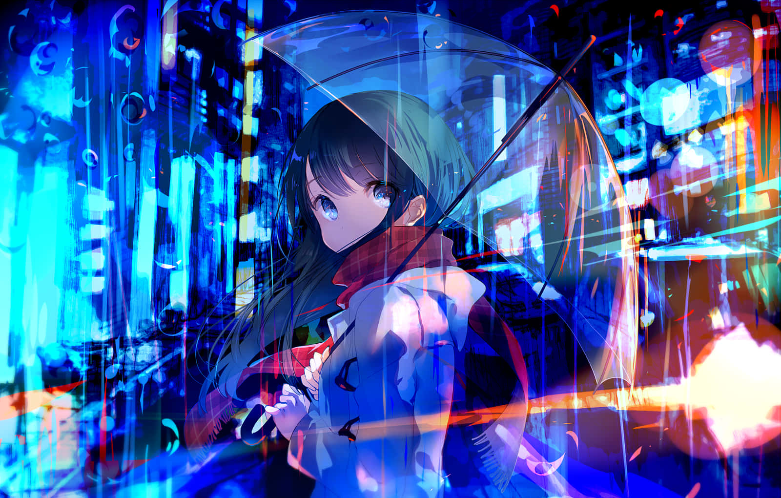 Neon Anime Girl With Transparent Umbrella Background