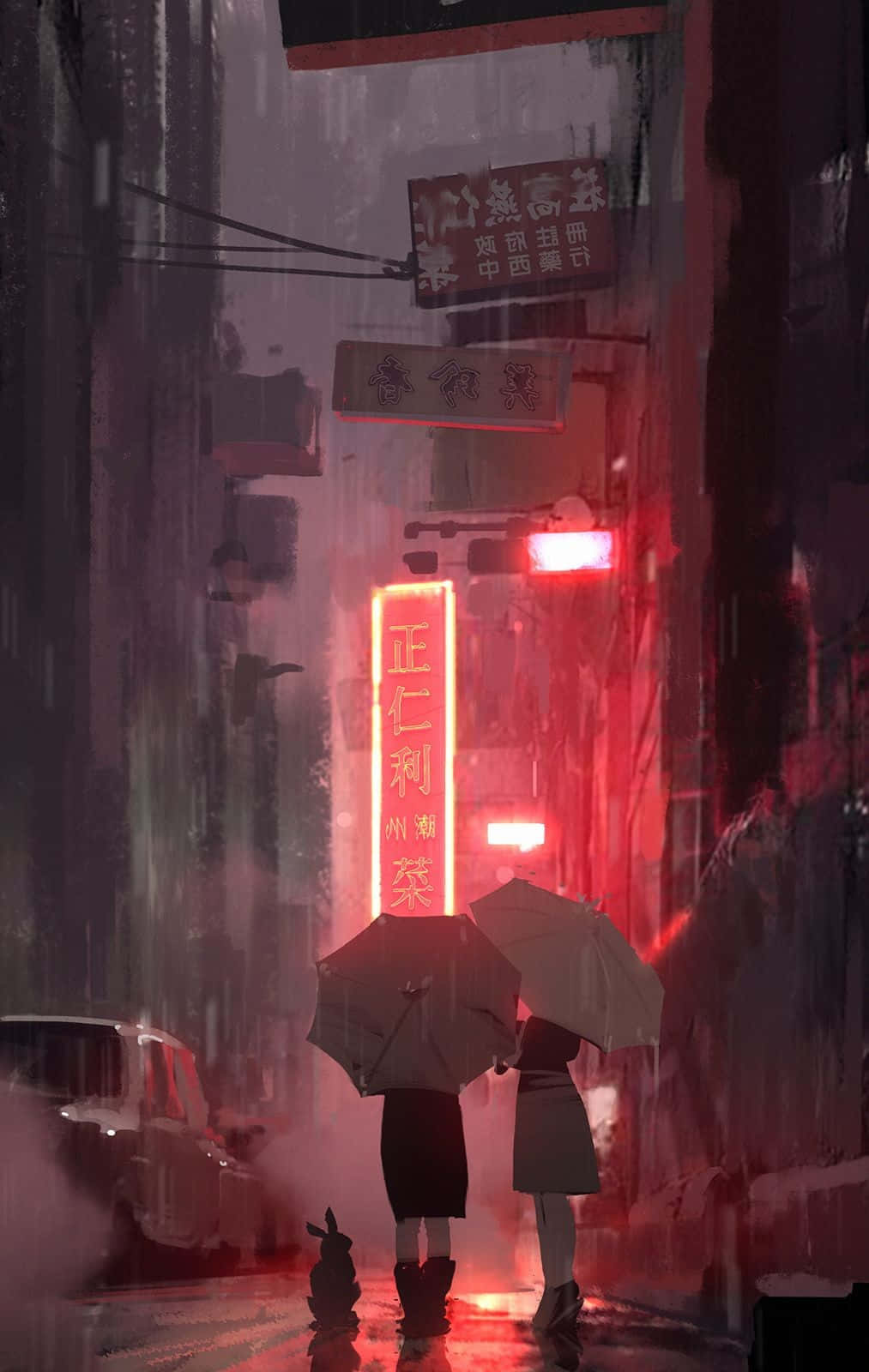 Neon Anime With Umbrellas Background