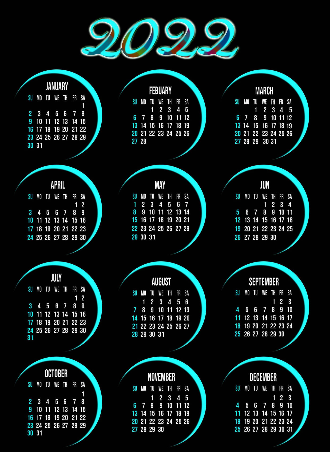 Neon Blue 2022 Calendar
