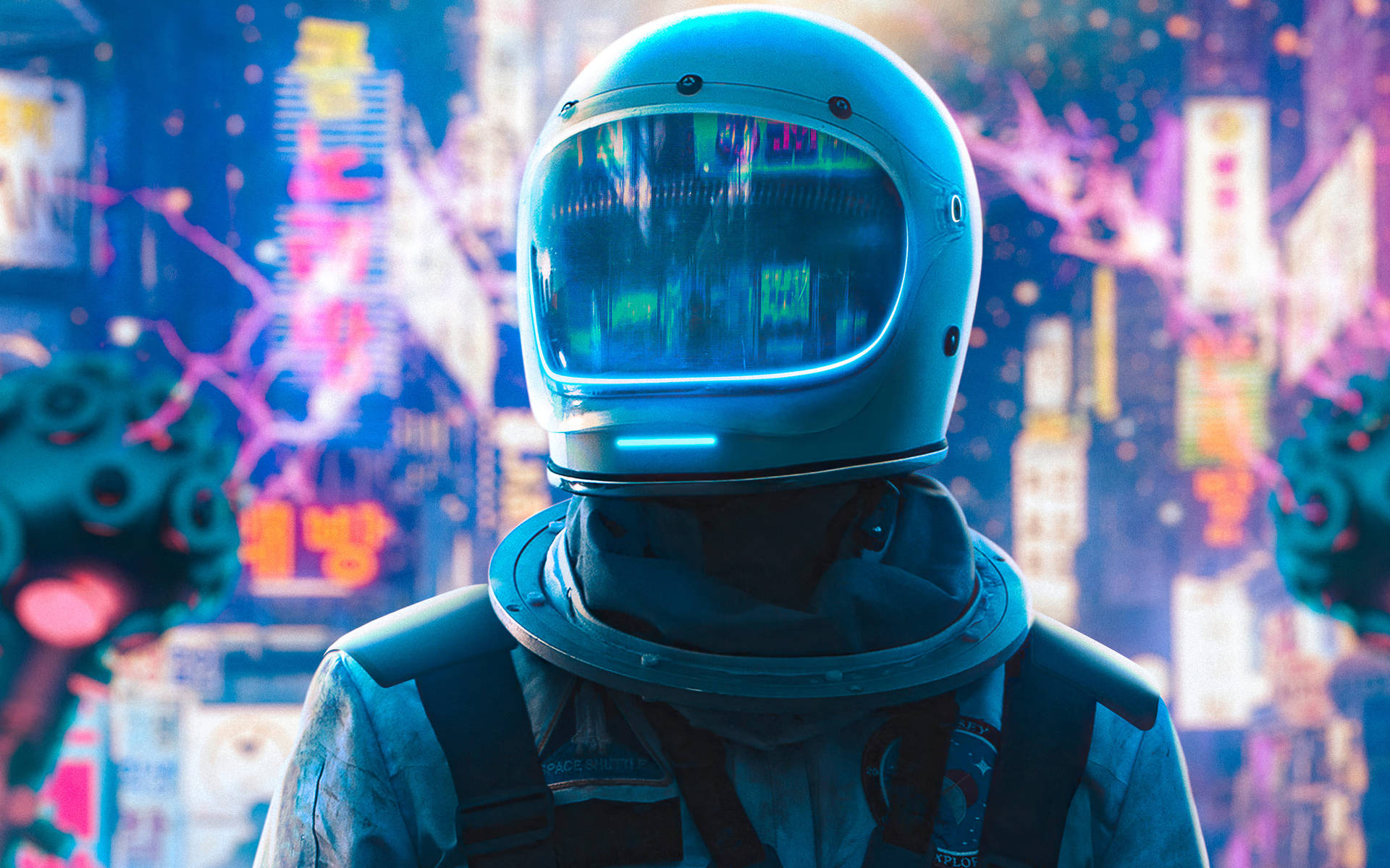 Neon Blue Aesthetic Astronaut In City Background