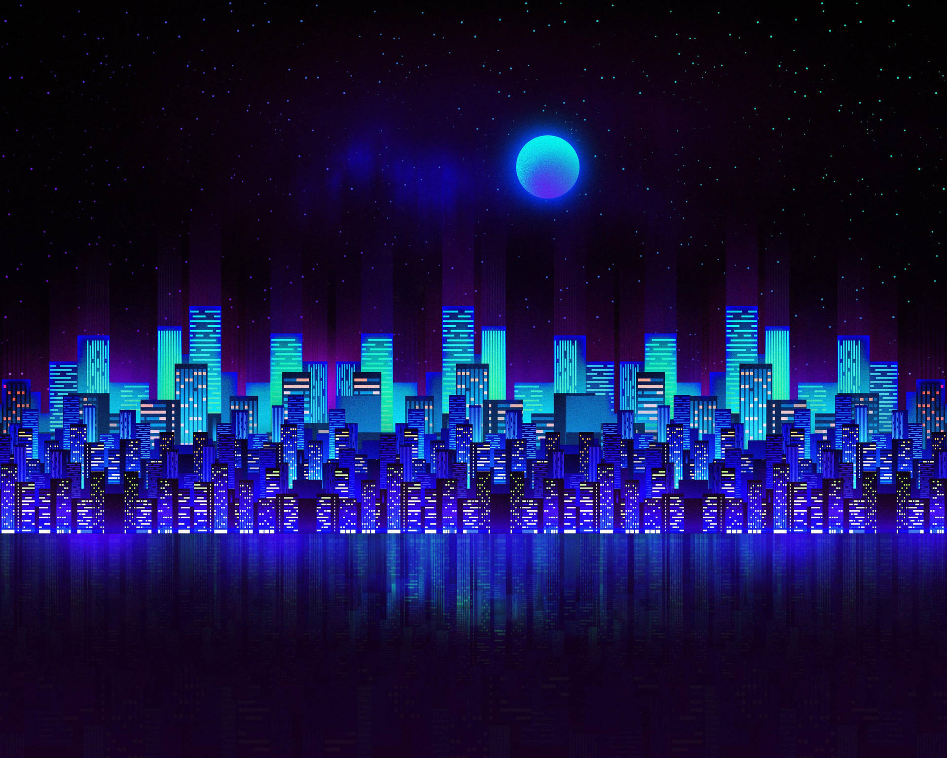 Neon Blue Aesthetic City Skyline Background