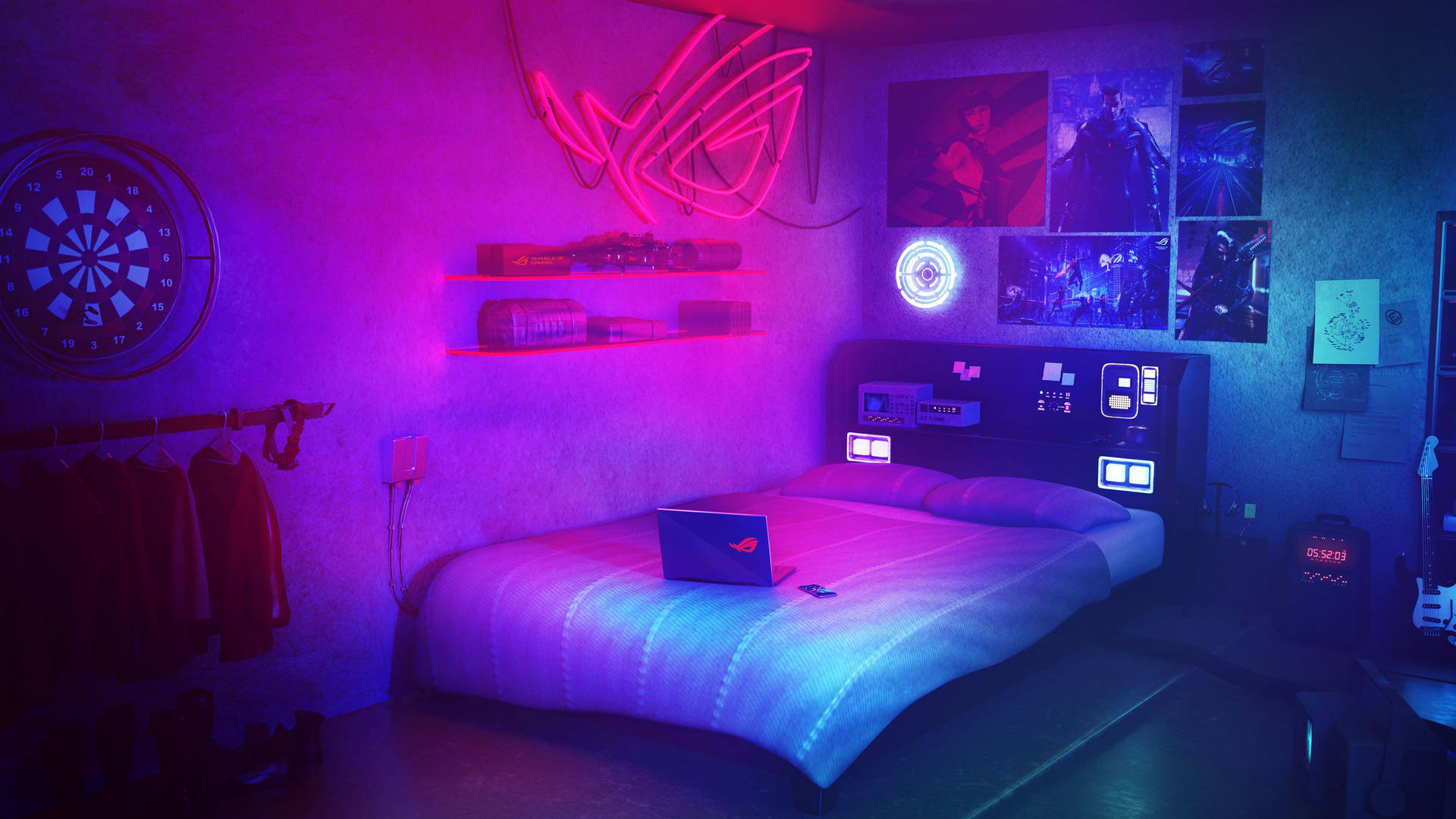 Neon Blue And Purple Bedroom Background
