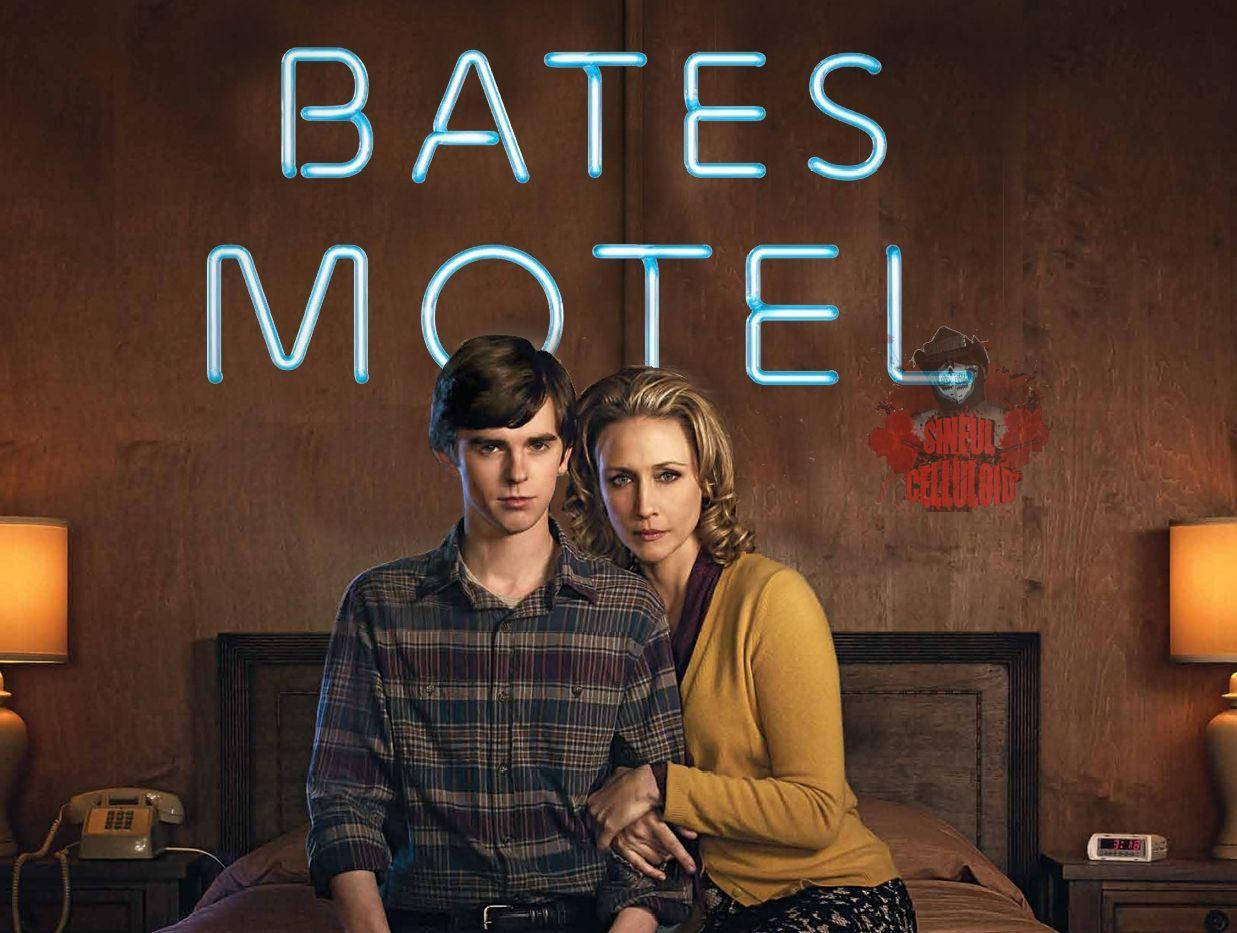 Neon Blue Bates Motel Signage With Norma And Norman Background
