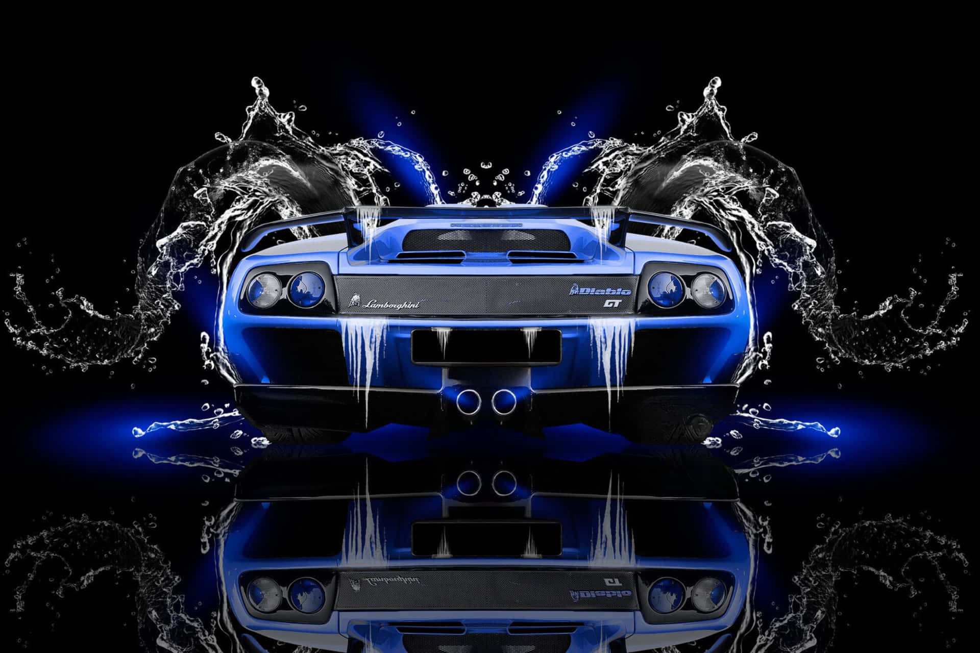 Neon Blue Lamborghini Diablo G T With Water Effects Background