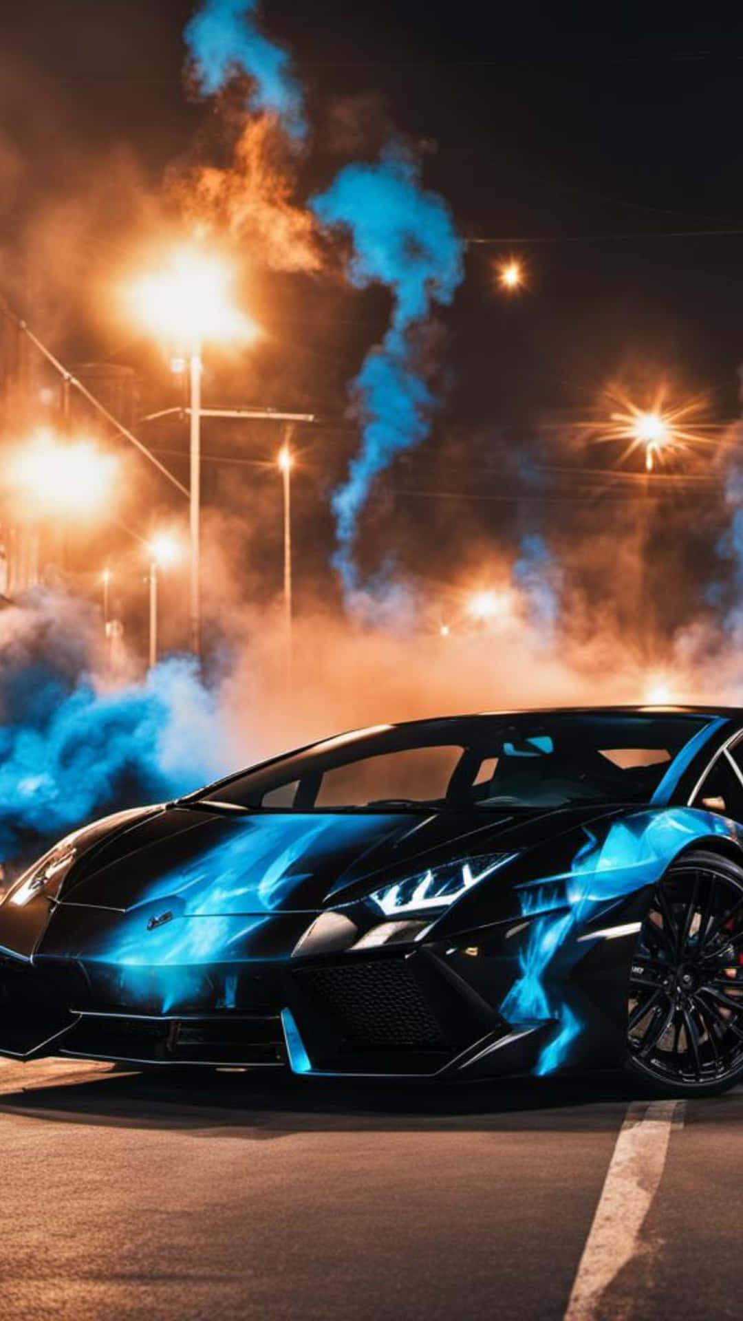 Neon Blue Lamborghini Night Scene Background