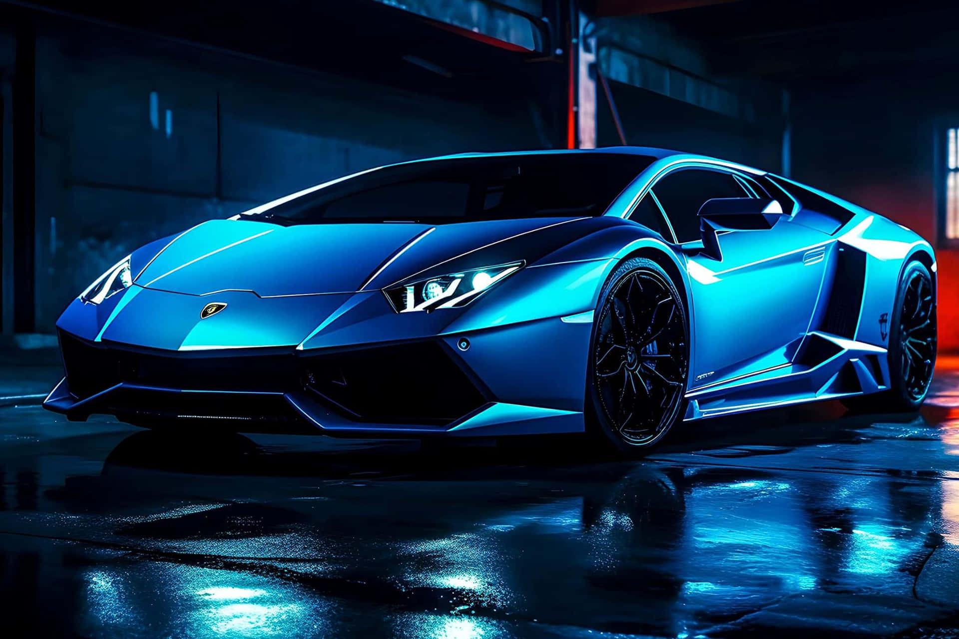 Neon Blue Lamborghini Night Scene Background