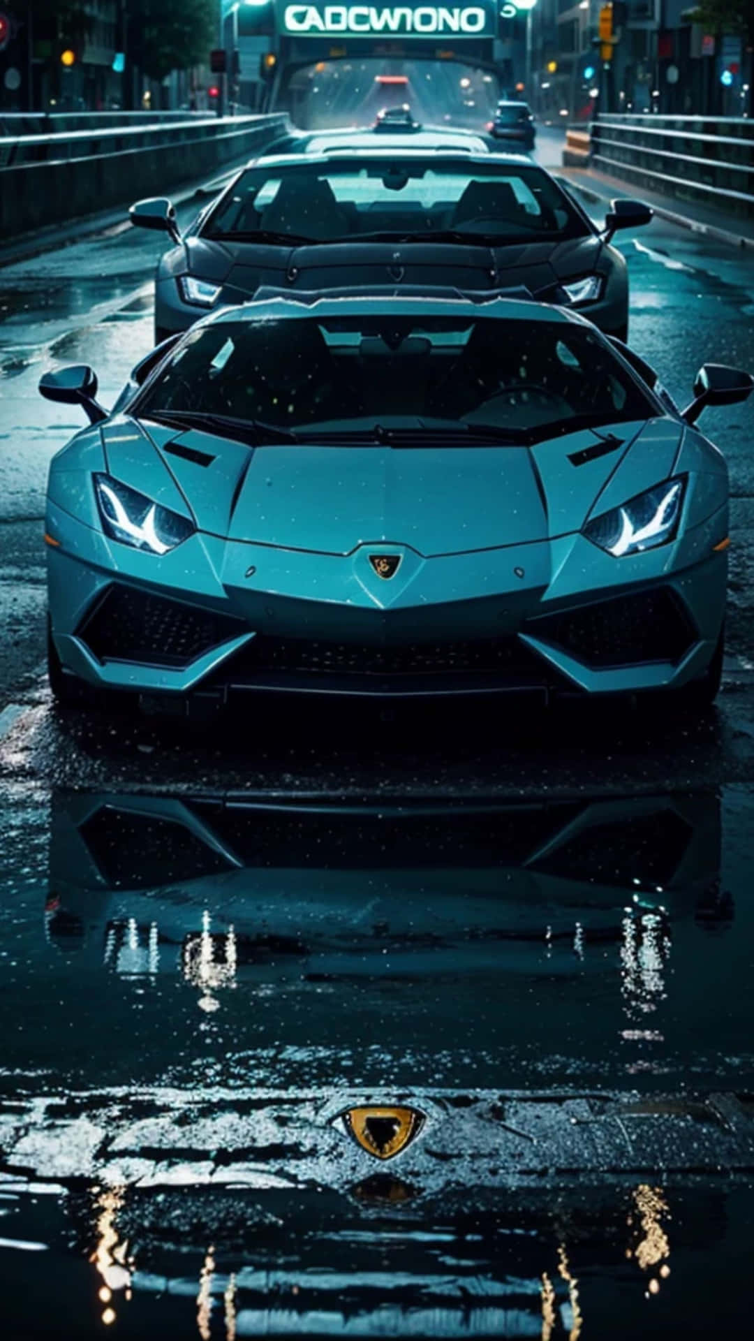 Neon Blue Lamborghiniin Rain Background