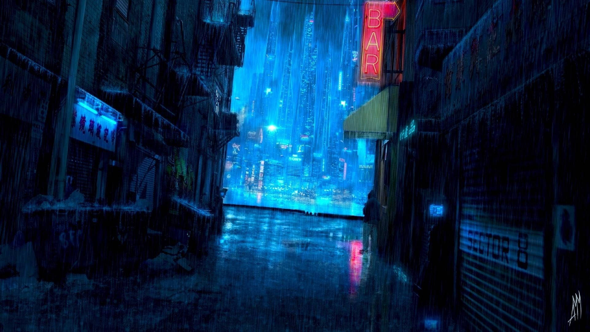 Neon Blue Raining Street Background