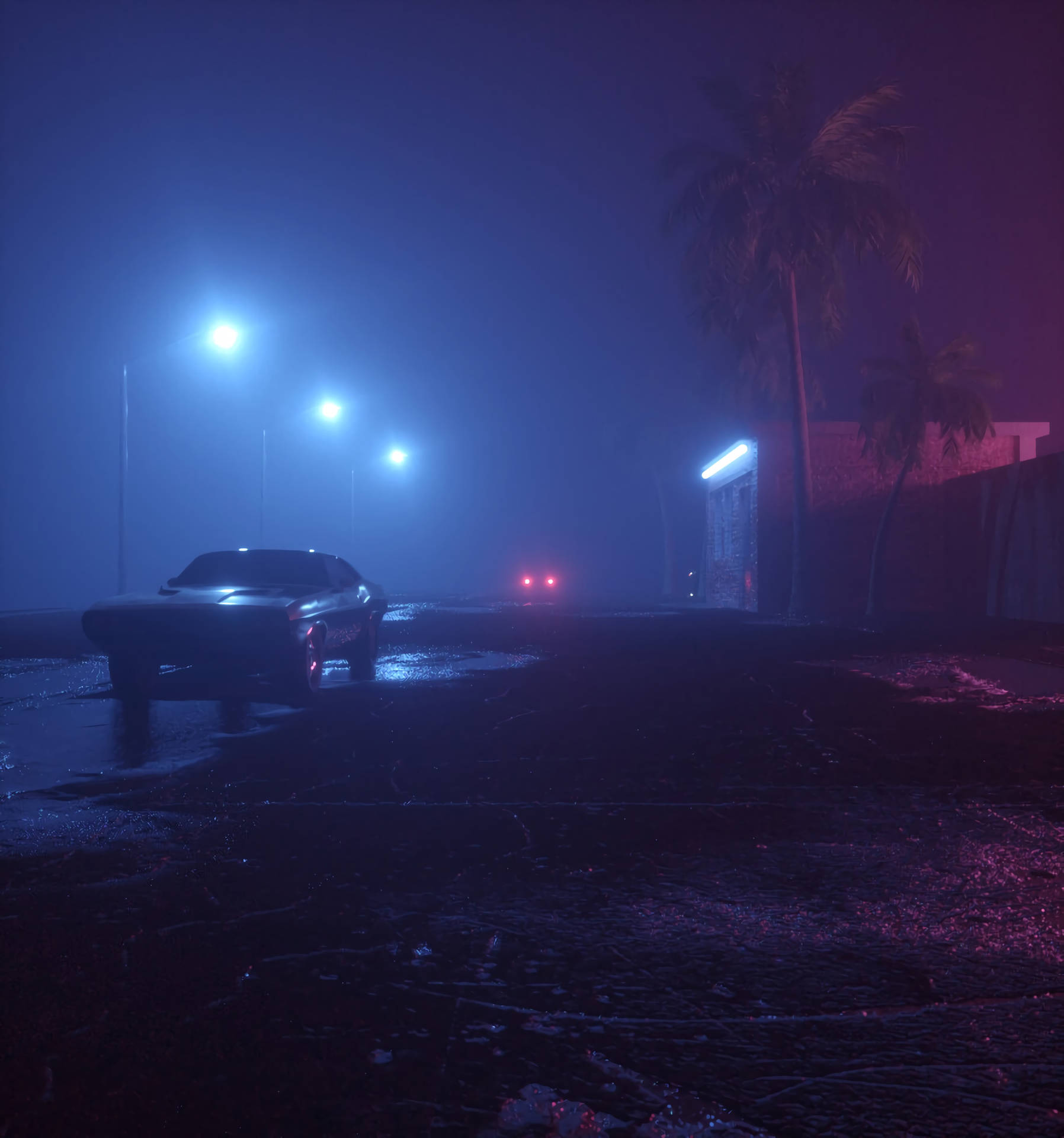 Neon Car And Fog Background