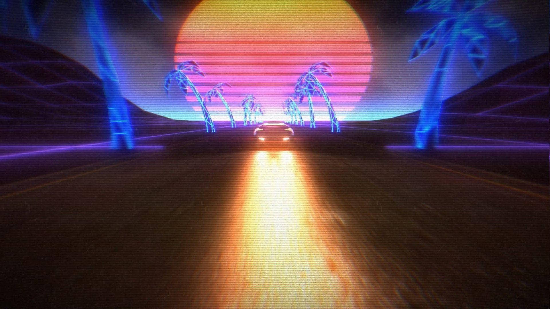 Neon Car And Sun Background