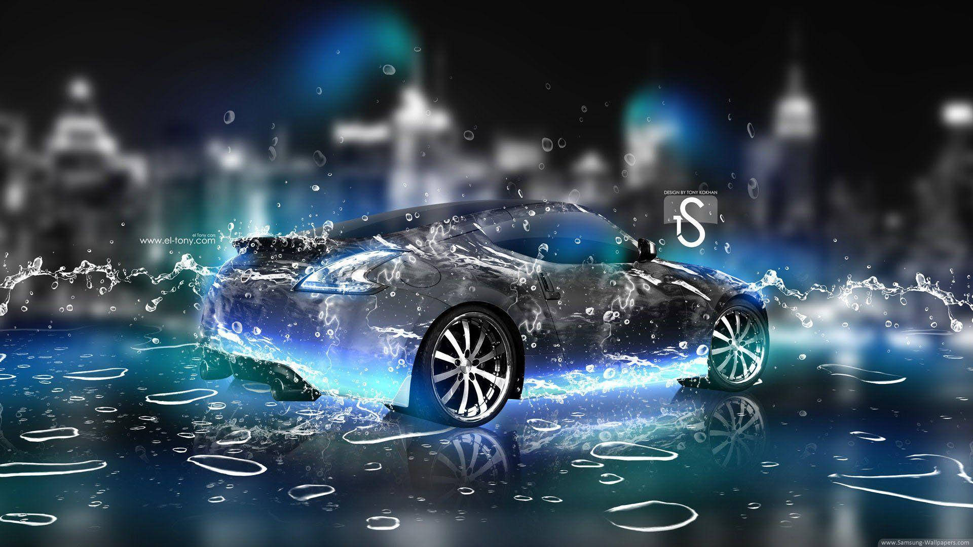 Neon Car In Rain Background