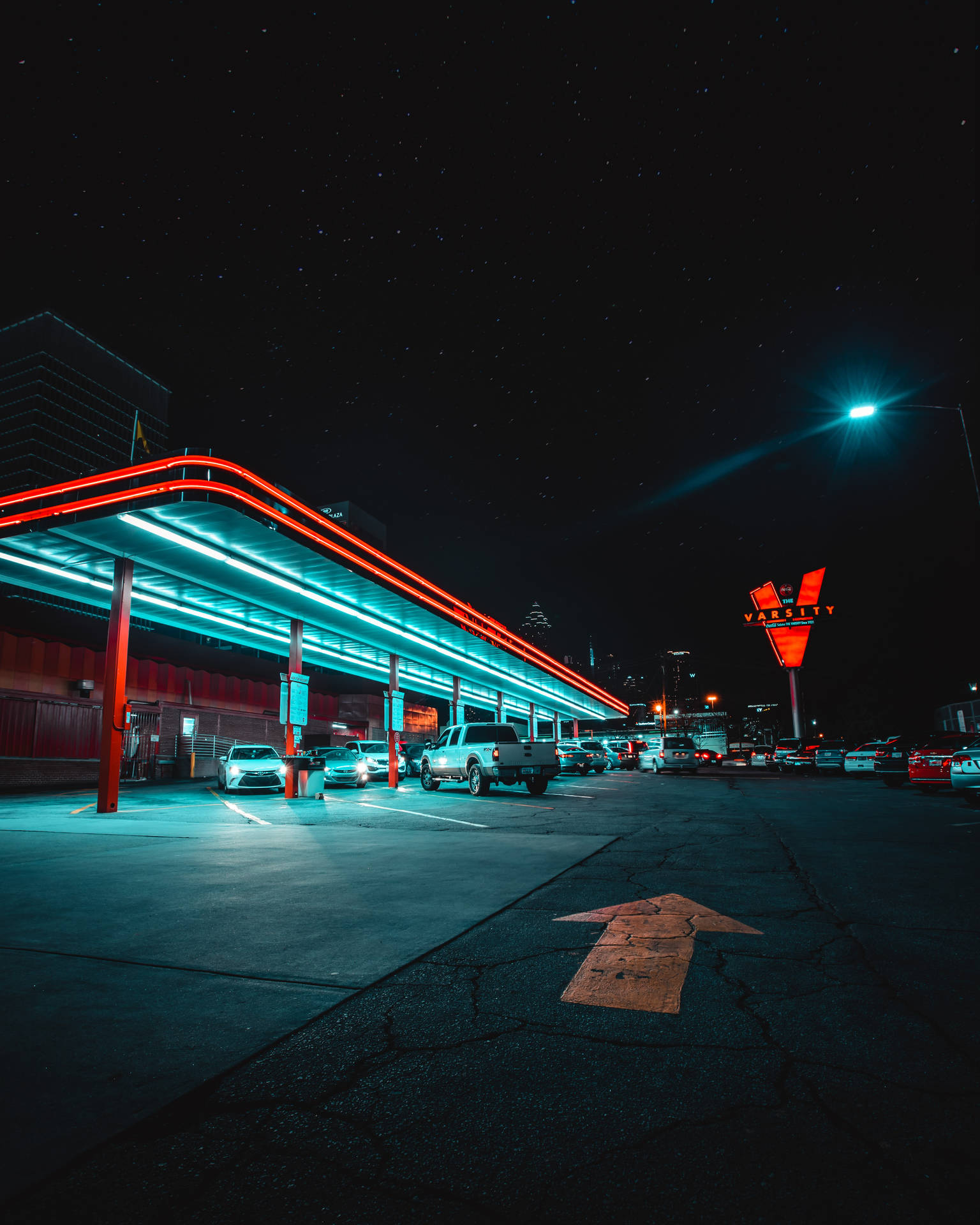 Neon Cars At Gasoline Station Background