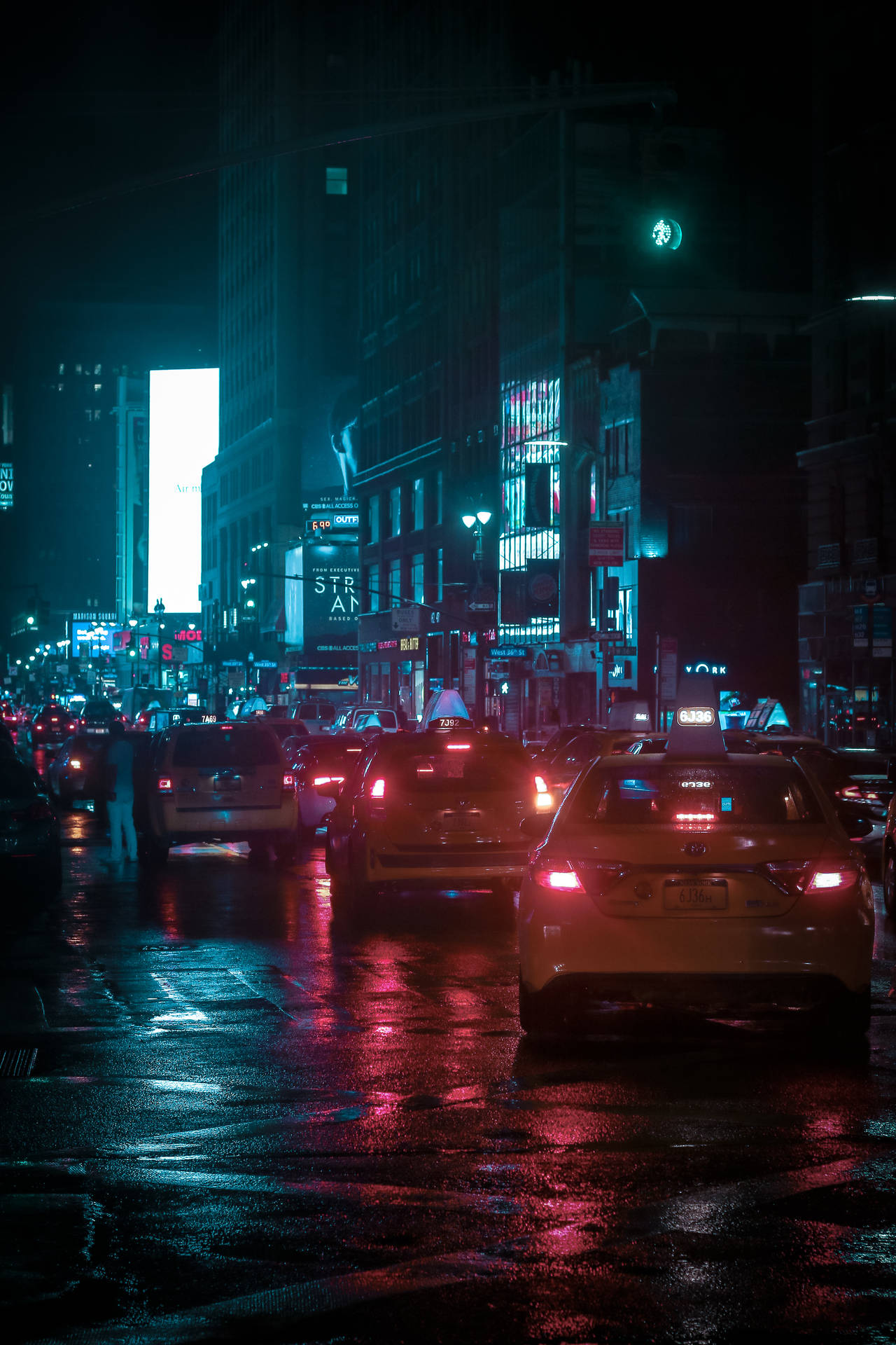 Neon Cars On Busy Street Background
