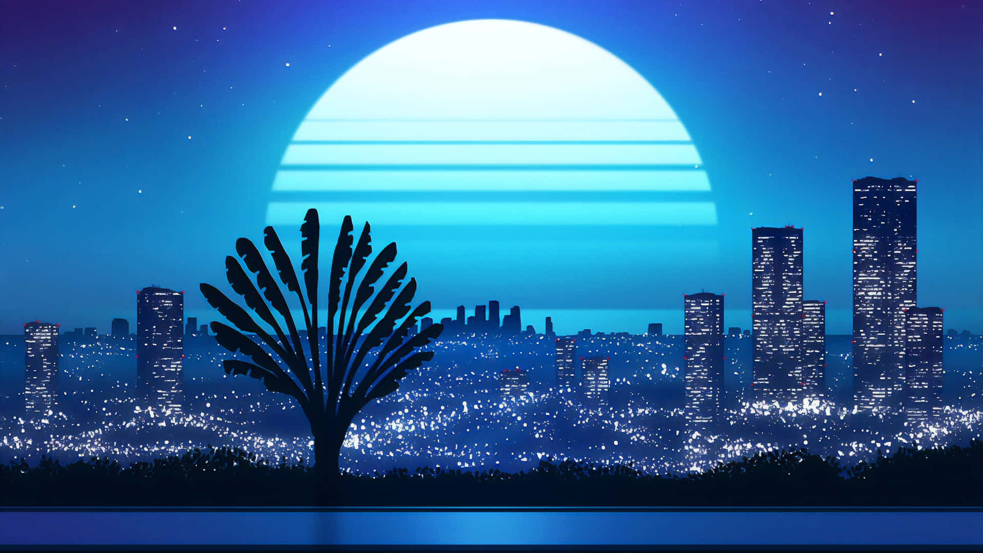 Neon Cityscapewith Rising Moon Background