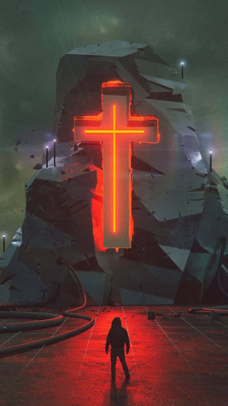 Neon Cross Person Stone Background