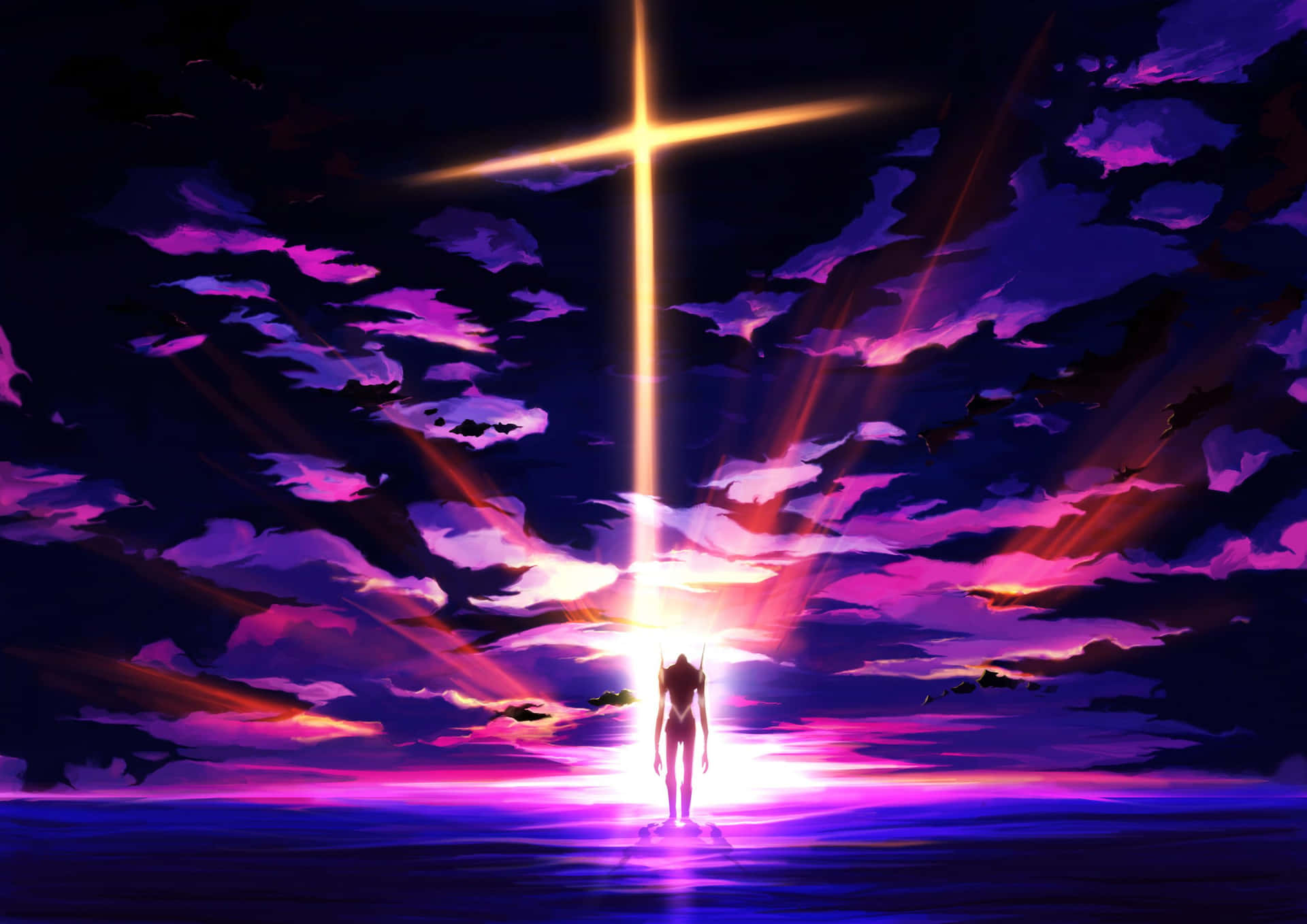 Neon Cross Purple Sky Background