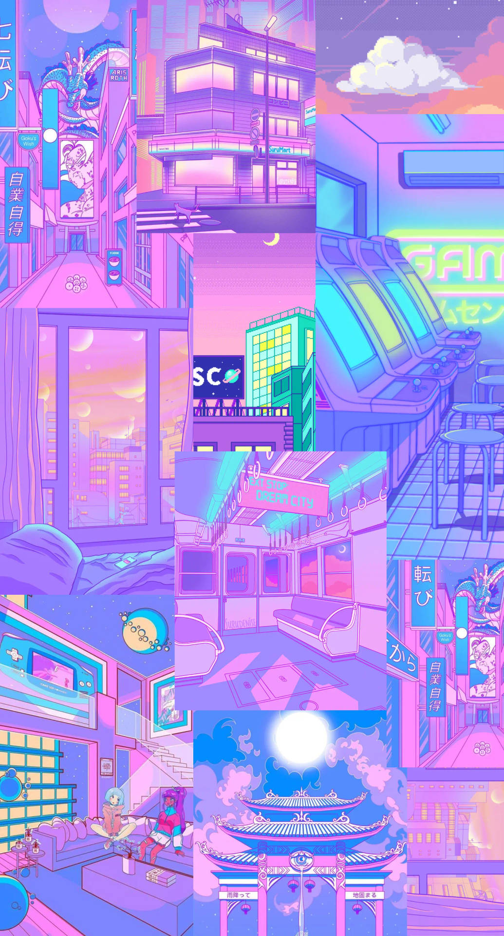 Neon Cute Retro Anime Aesthetic Collage Background