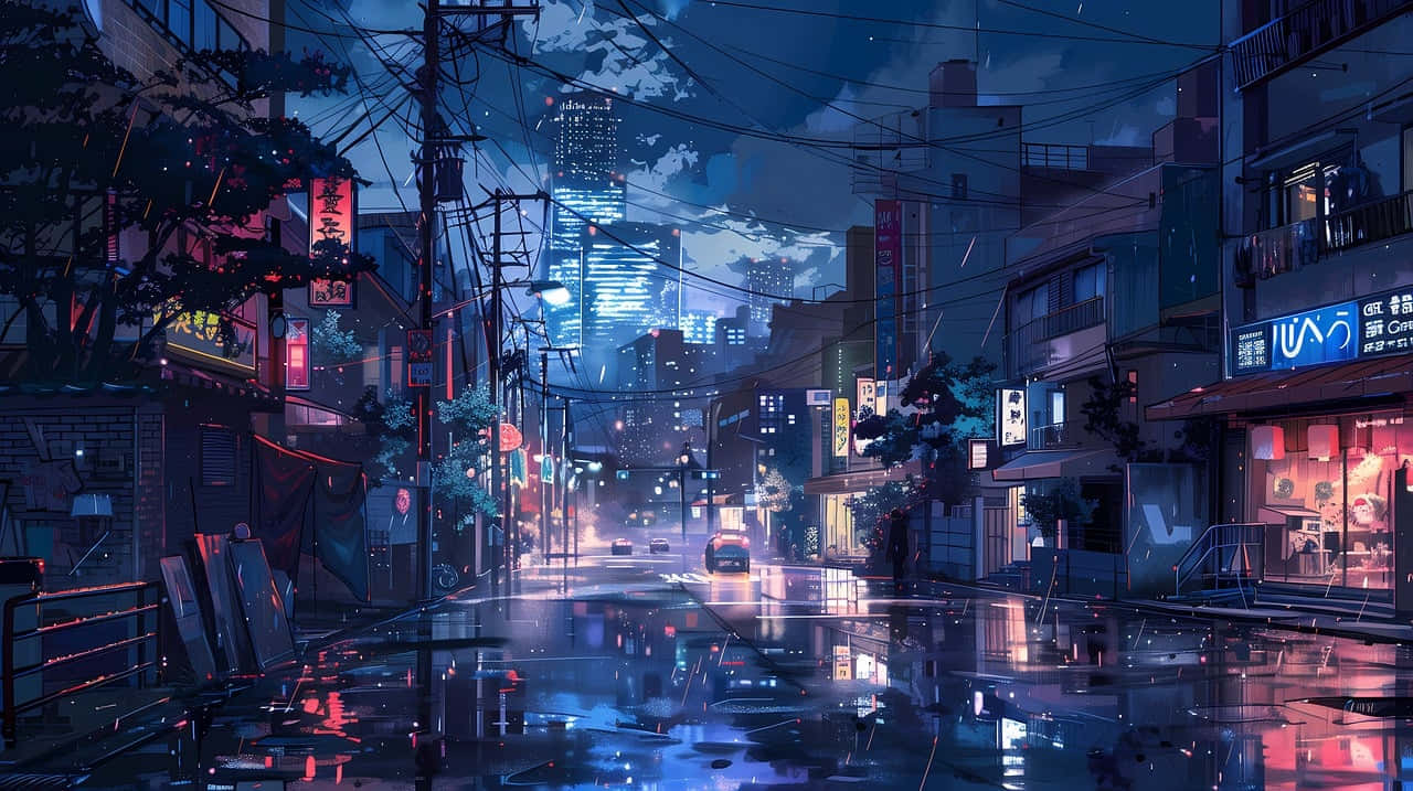Neon Drenched Anime Cityscape At Night Background