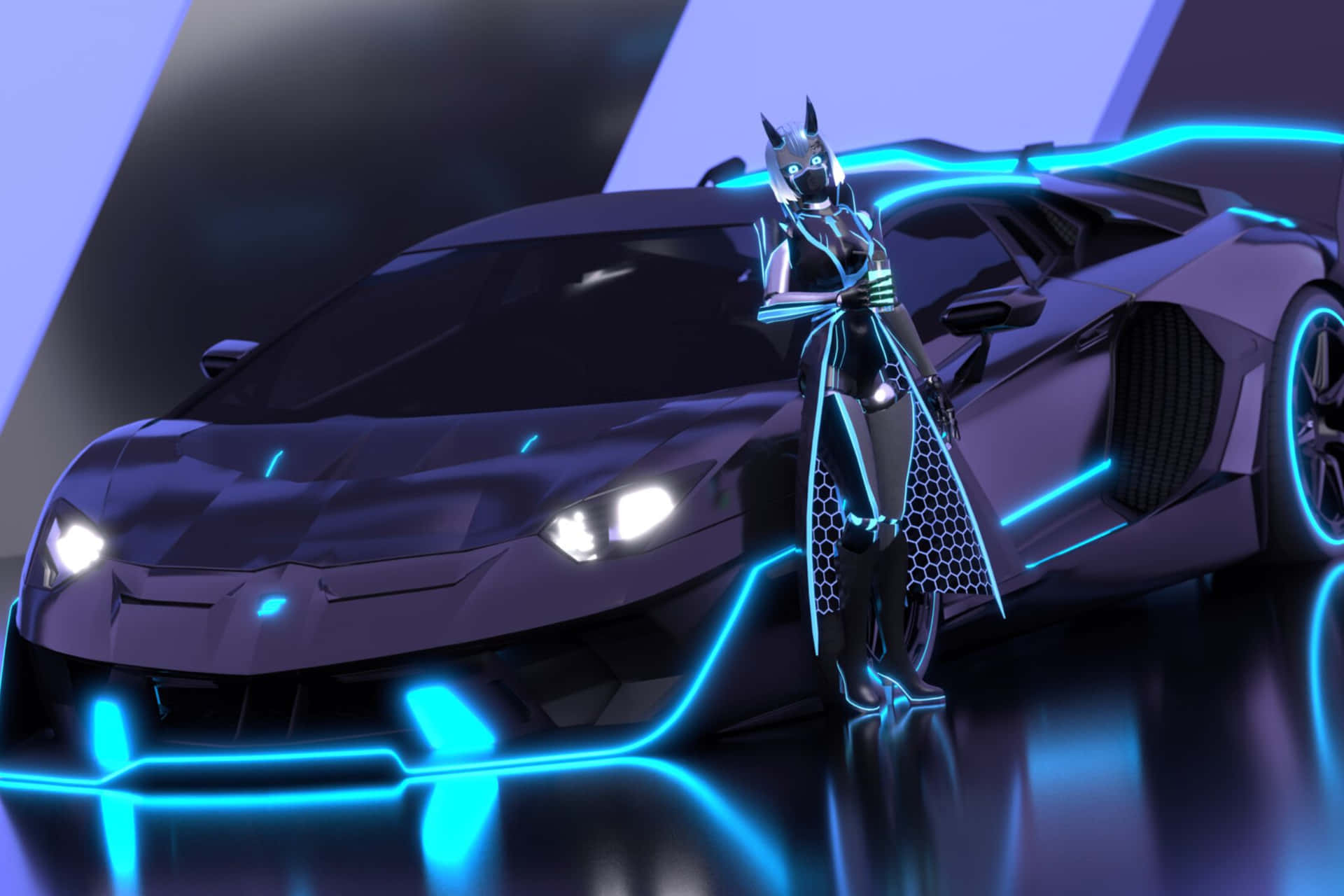 Neon Edged Lamborghini With Futuristic Knight Background