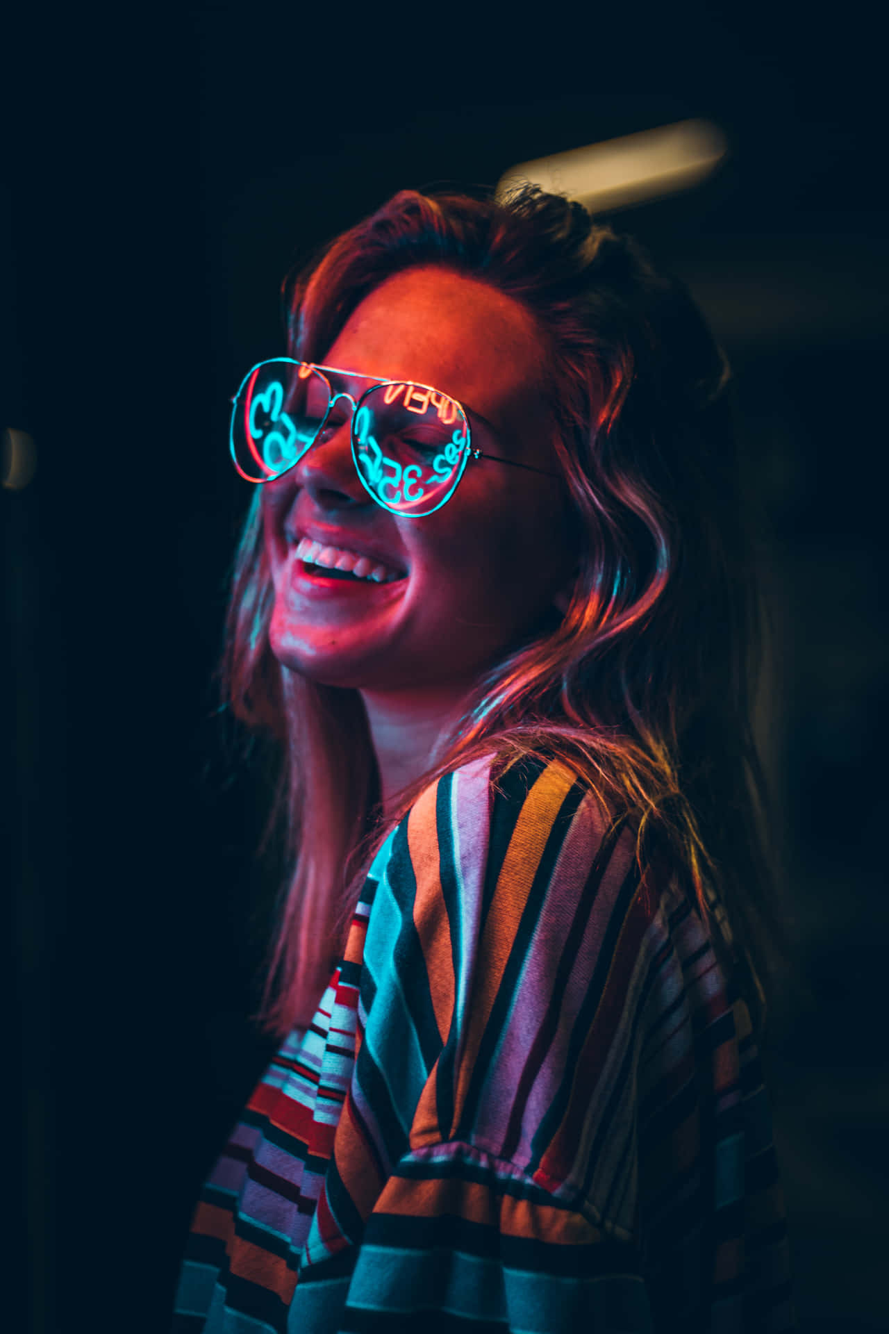 Neon Glow Smiling Woman Background